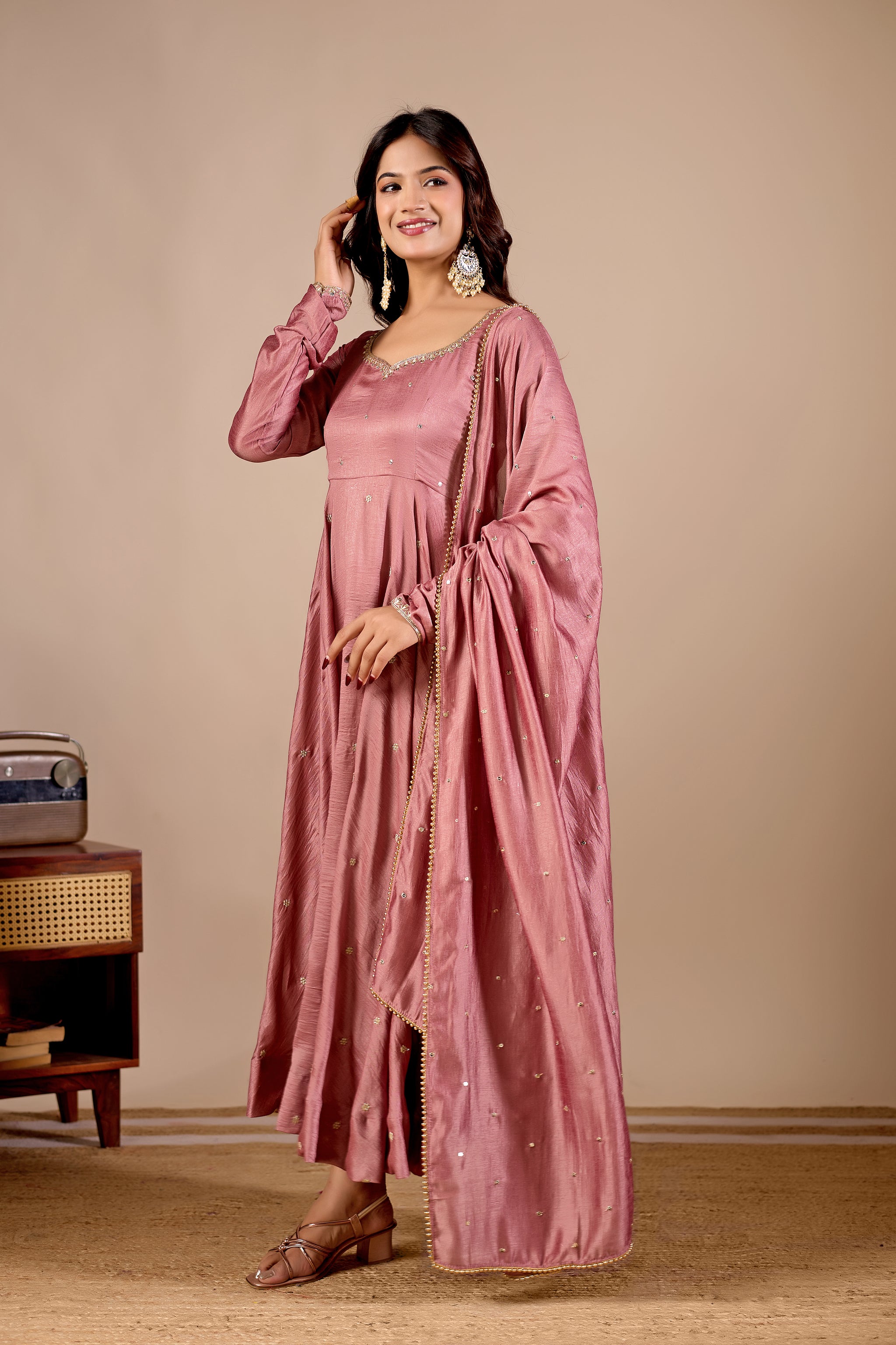Dusty Rose Vichitra Silk Embroidered Anarkali Suit Set with Dupatta