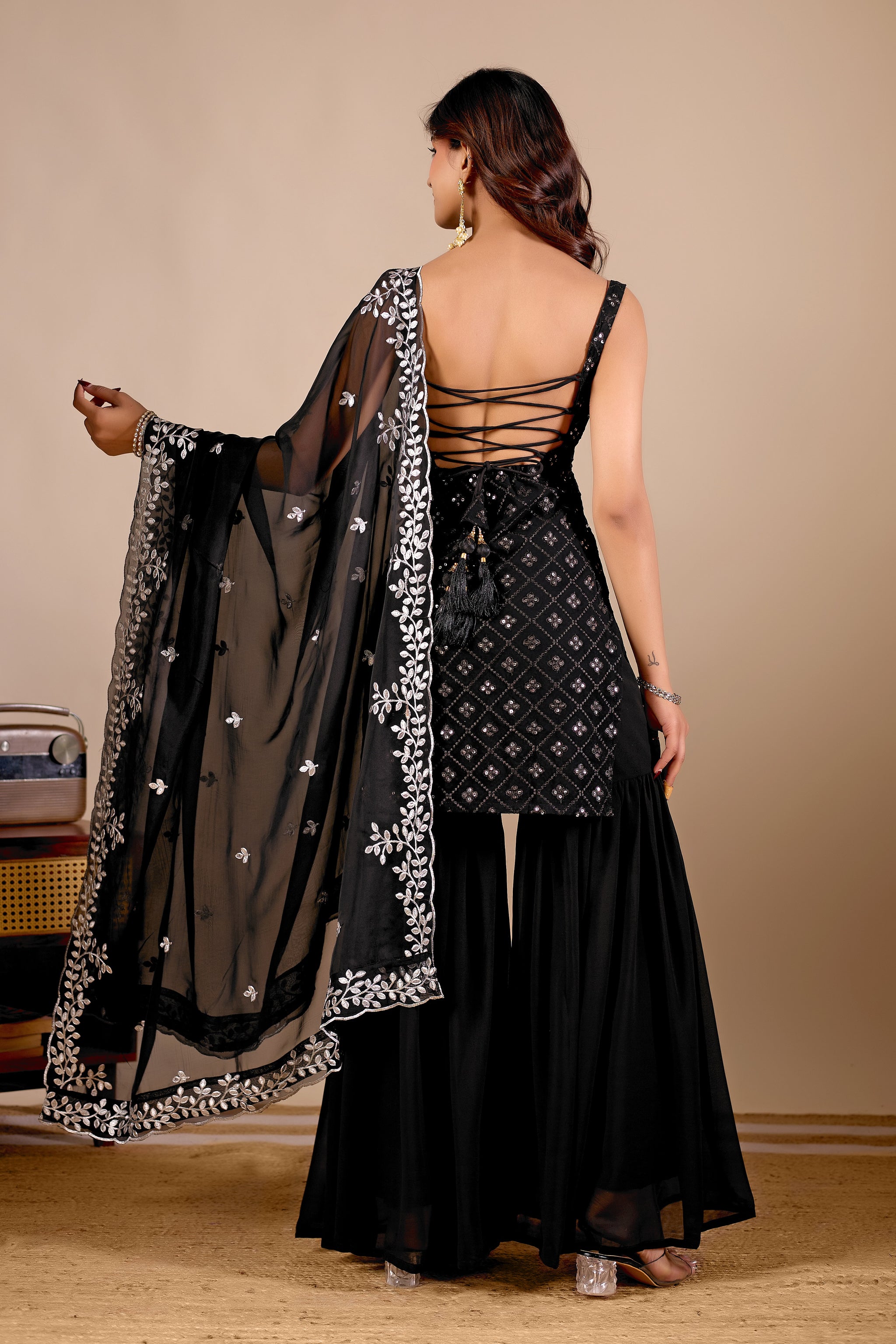 Black Embroidered Kurta Sharara Suit Set for Festive & Wedding Occasions