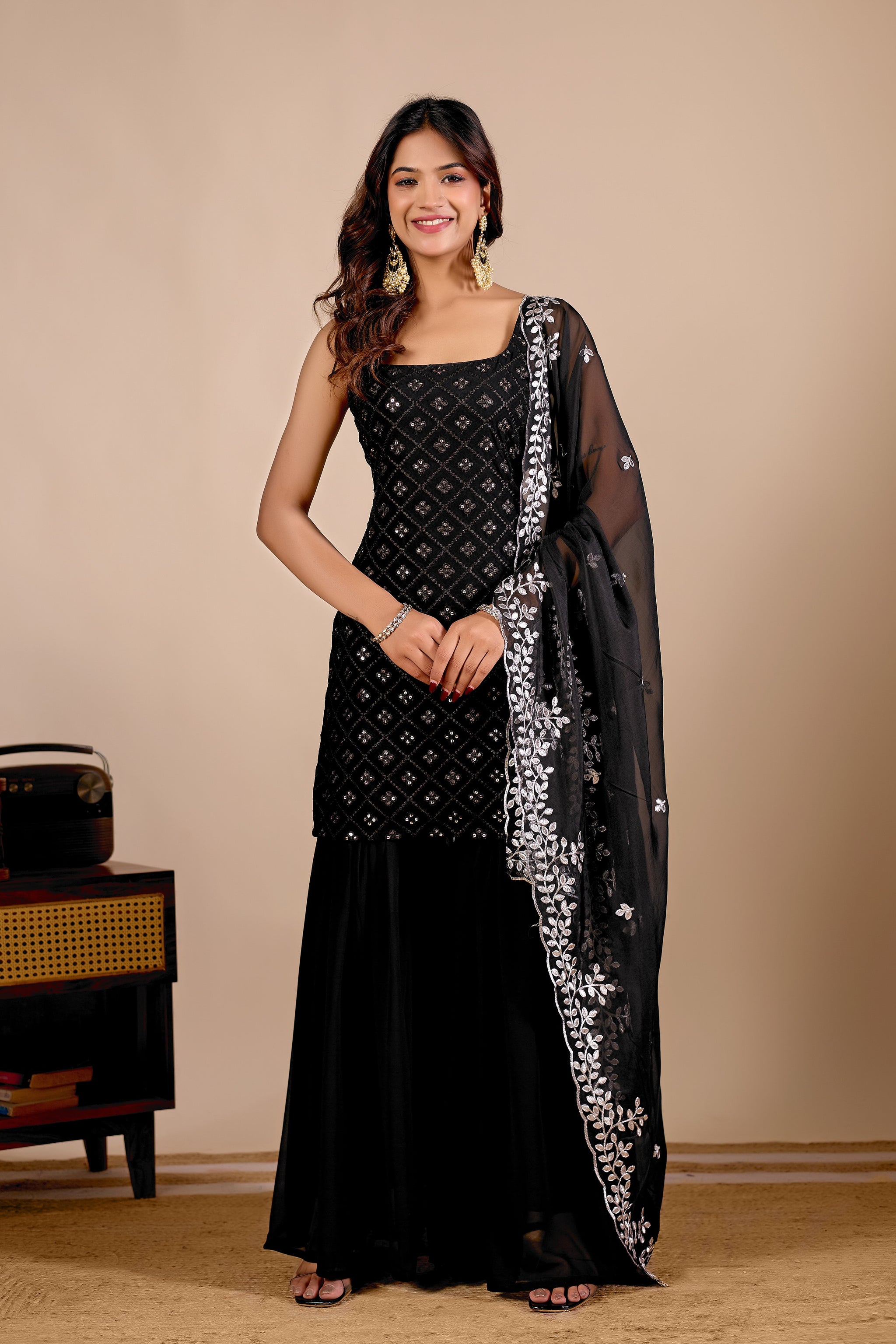 Black Embroidered Kurta Sharara Suit Set for Festive & Wedding Occasions