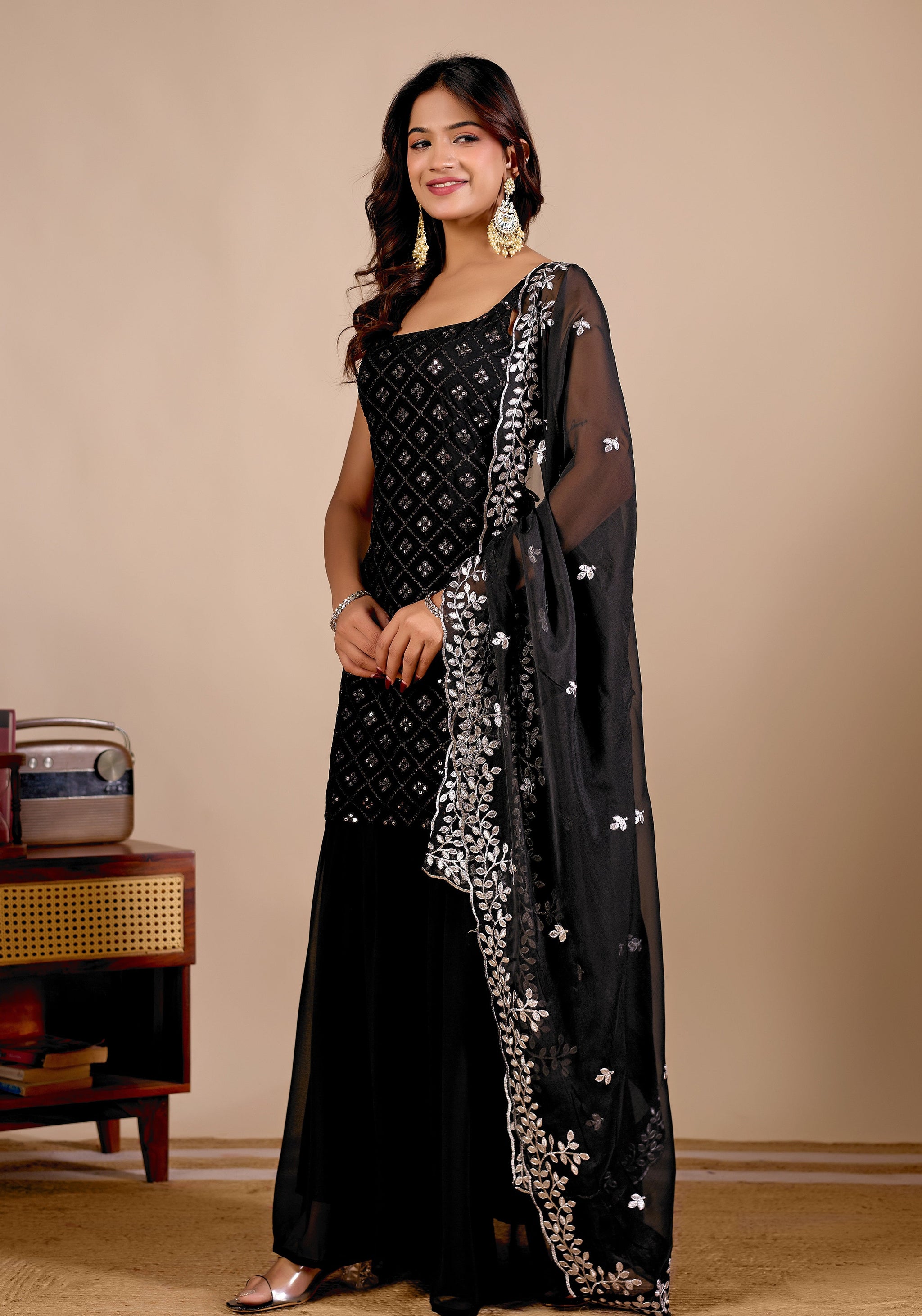 Black Embroidered Kurta Sharara Suit Set for Festive & Wedding Occasions