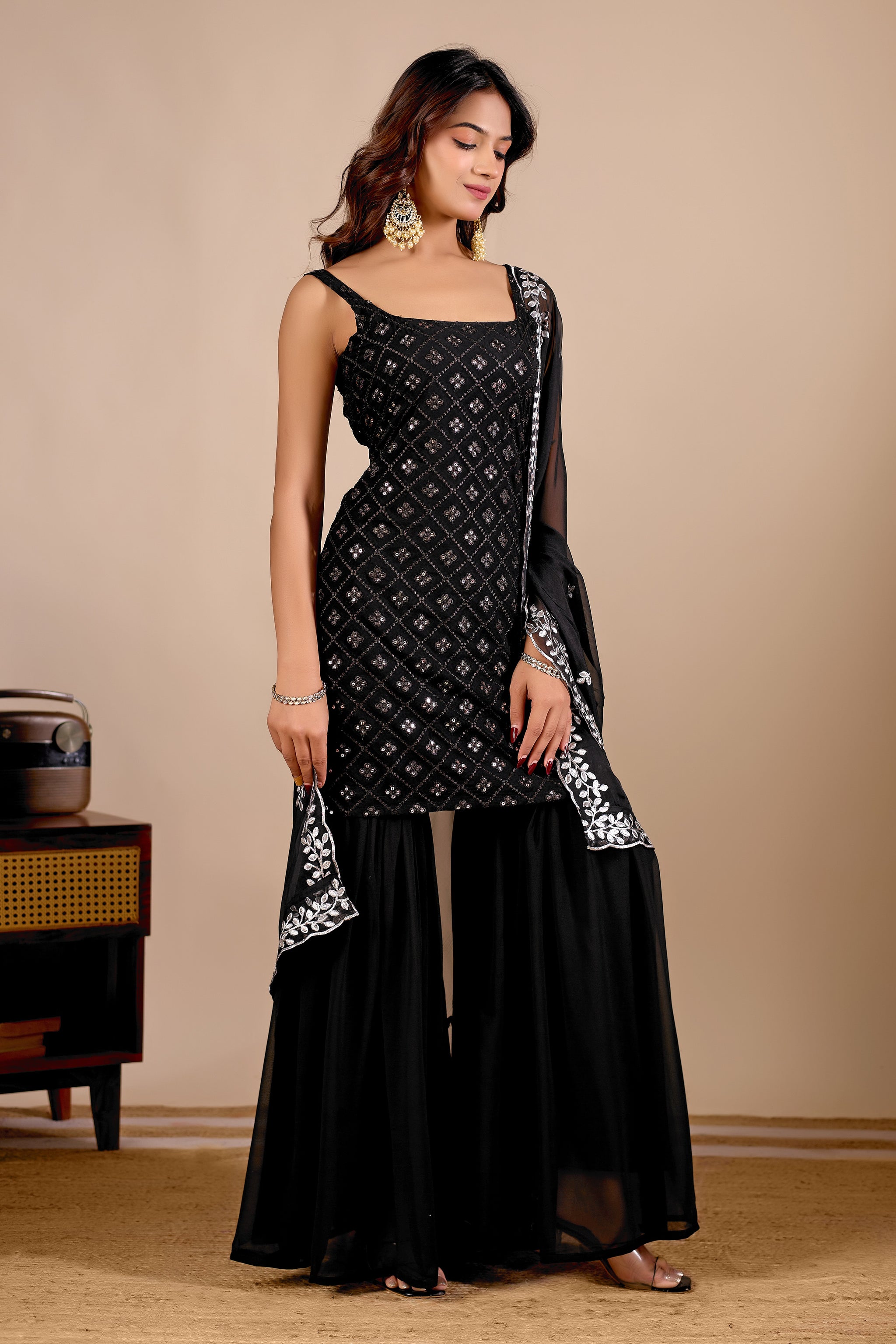 Black Embroidered Kurta Sharara Suit Set for Festive & Wedding Occasions