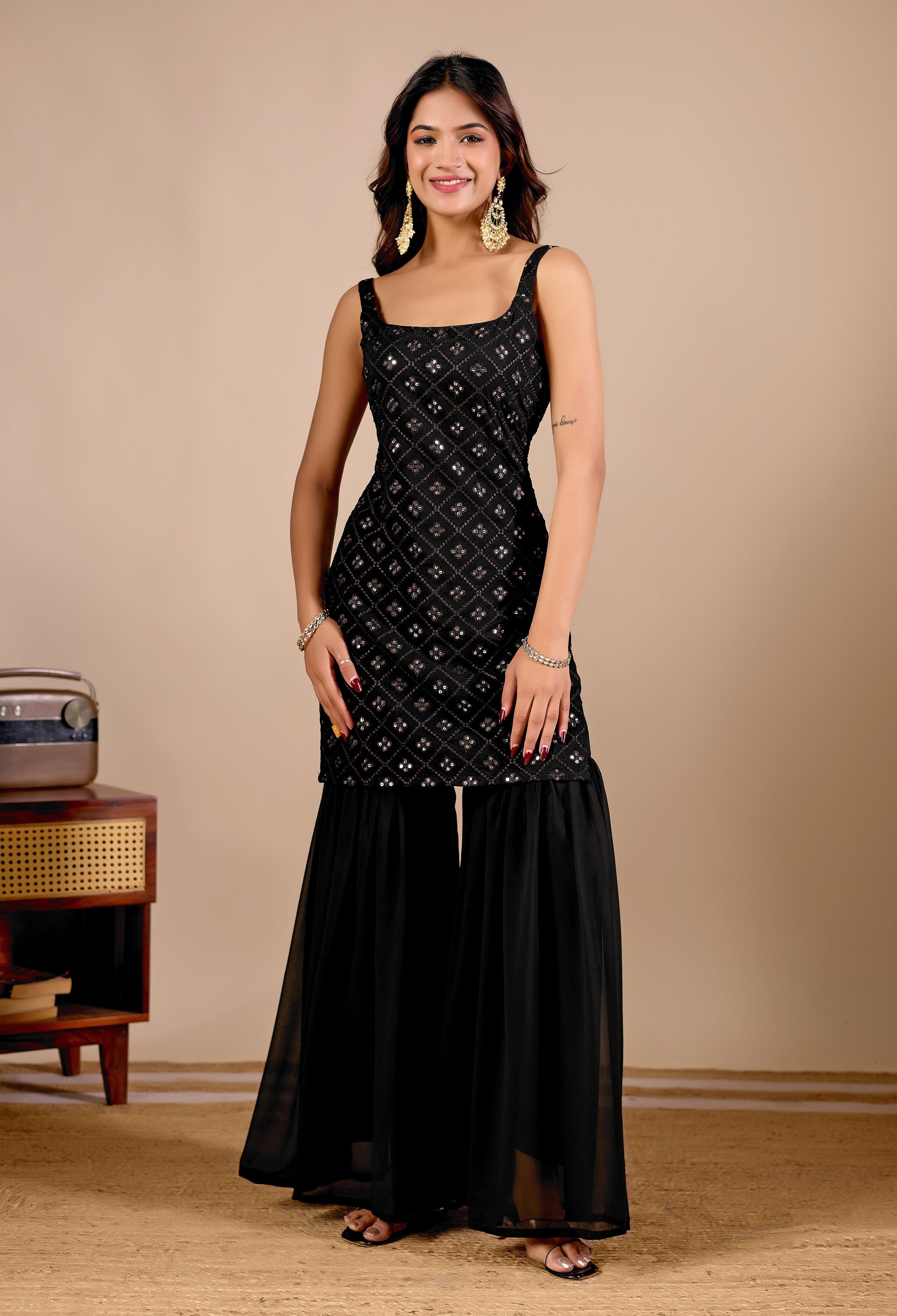 Black Embroidered Kurta Sharara Suit Set for Festive & Wedding Occasions