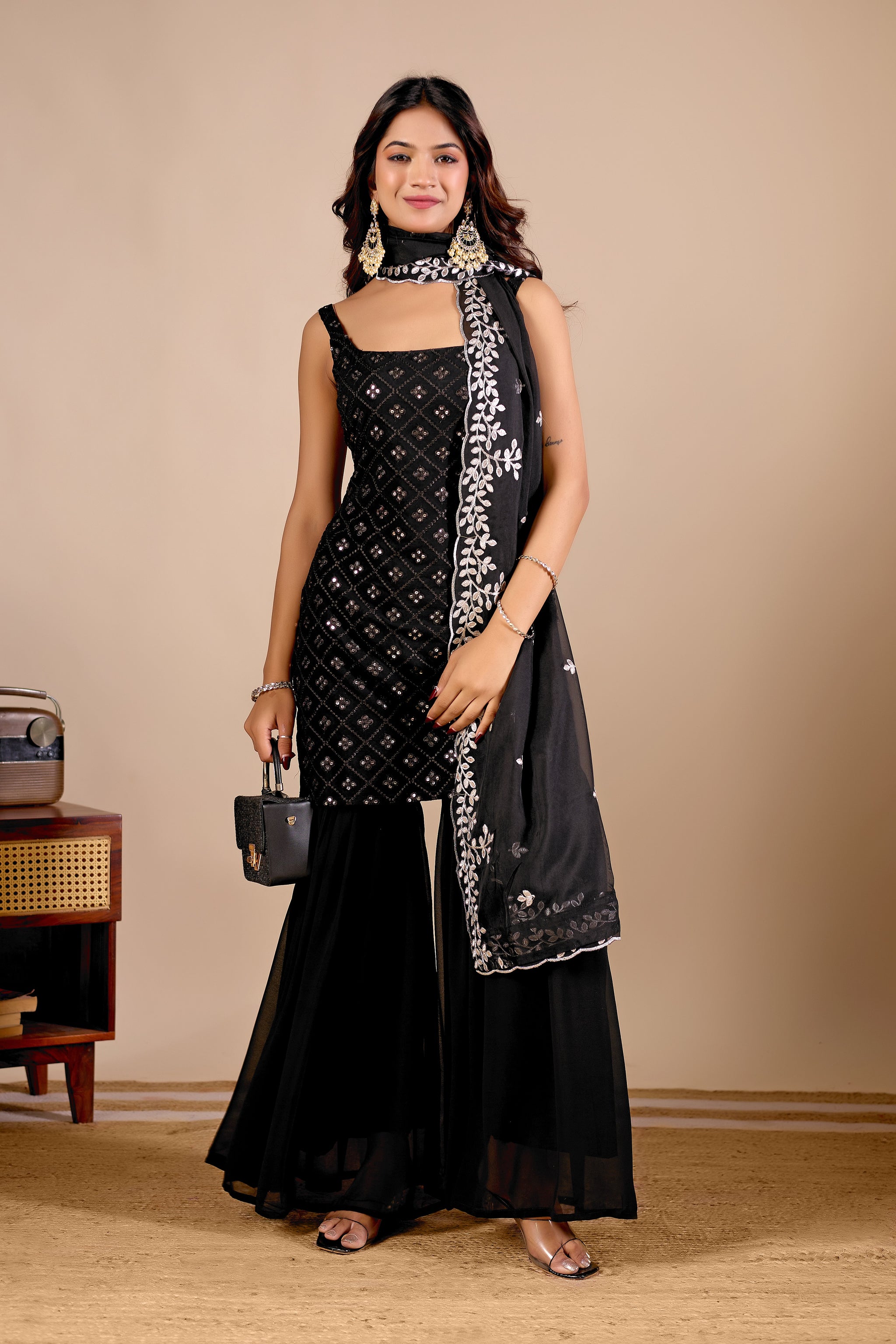 Black Embroidered Kurta Sharara Suit Set for Festive & Wedding Occasions