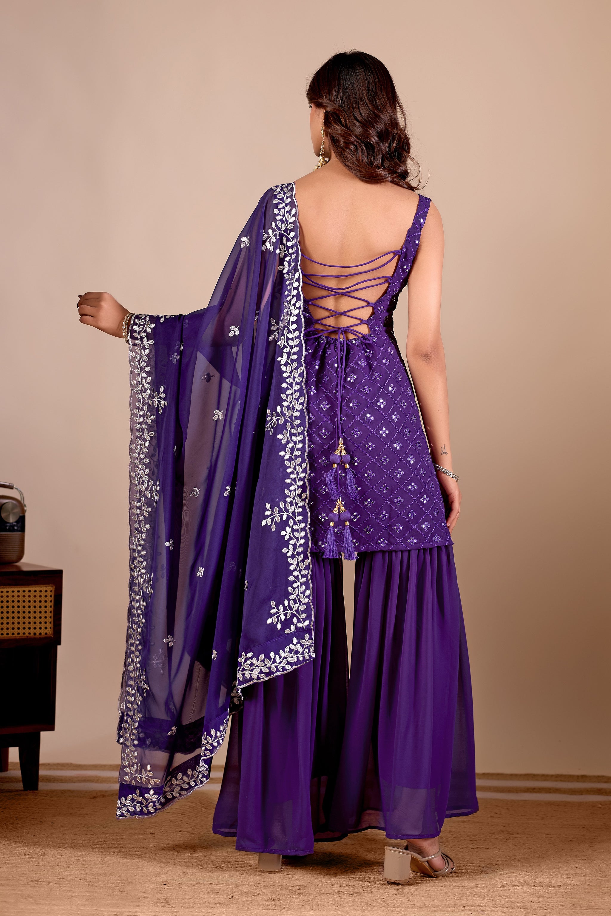 Traditional Wear Embroidered Purple Sharara suit Set with Kurta and Dupatta