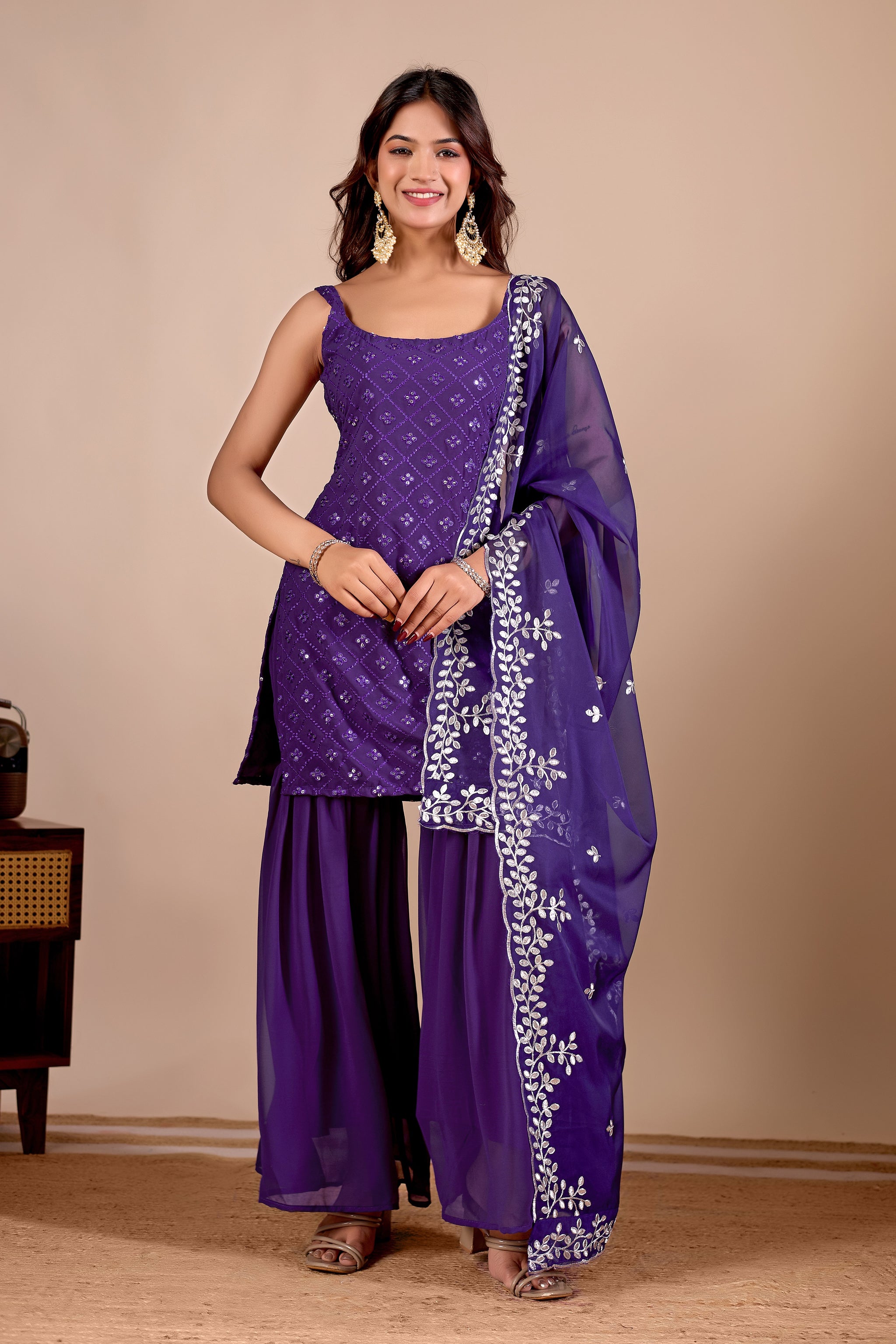 Traditional Wear Embroidered Purple Sharara suit Set with Kurta and Dupatta