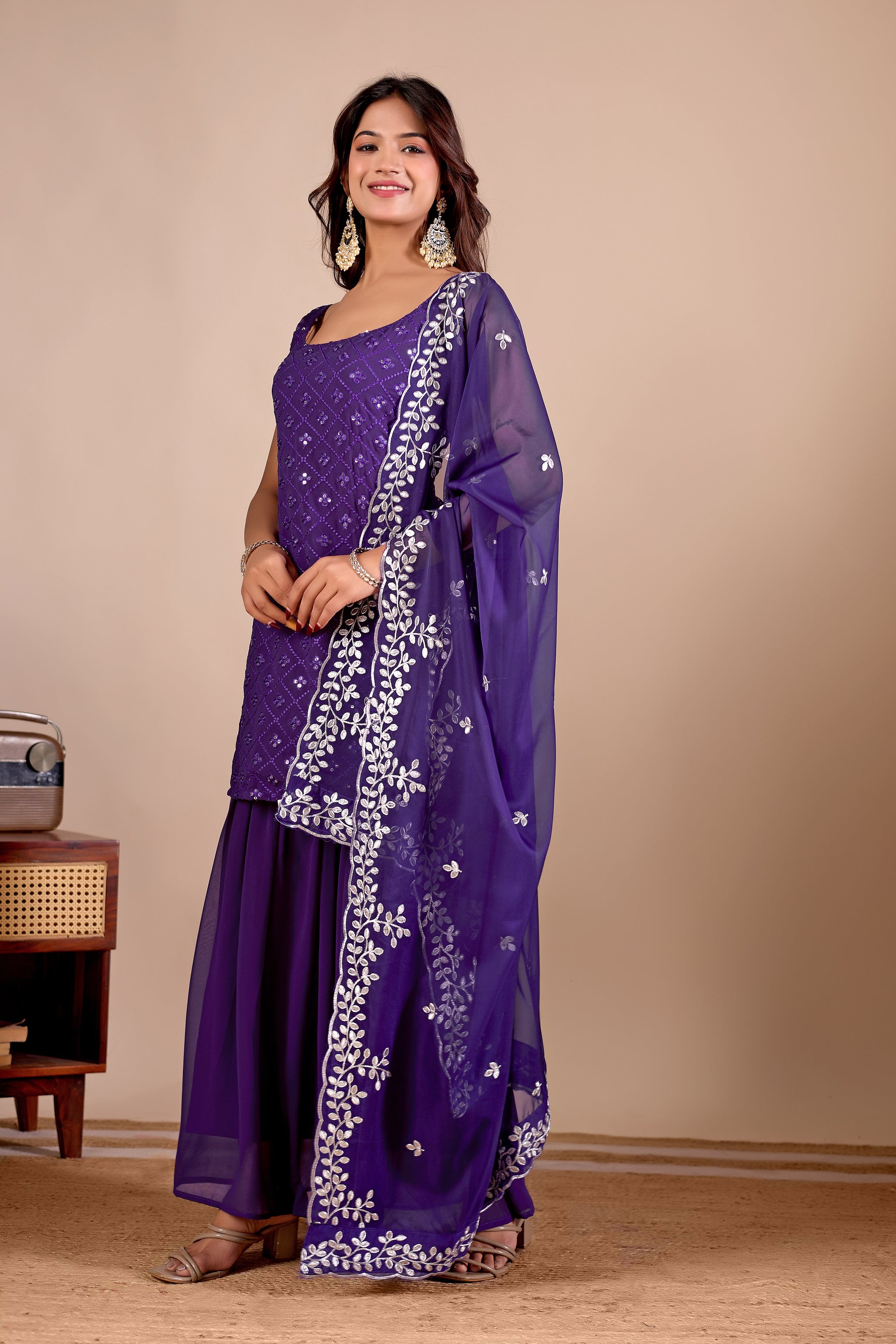 Traditional Wear Embroidered Purple Sharara suit Set with Kurta and Dupatta
