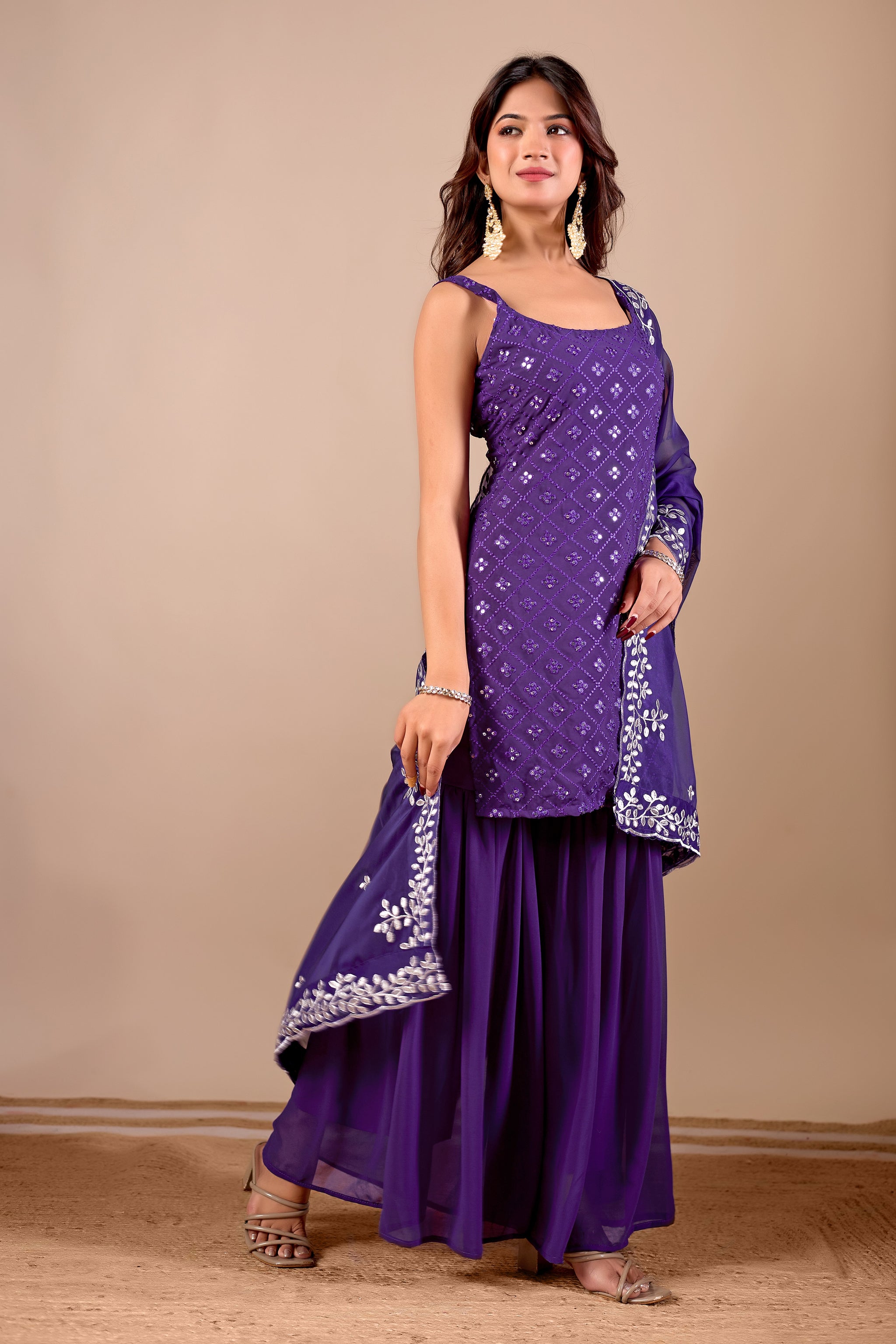 Traditional Wear Embroidered Purple Sharara suit Set with Kurta and Dupatta