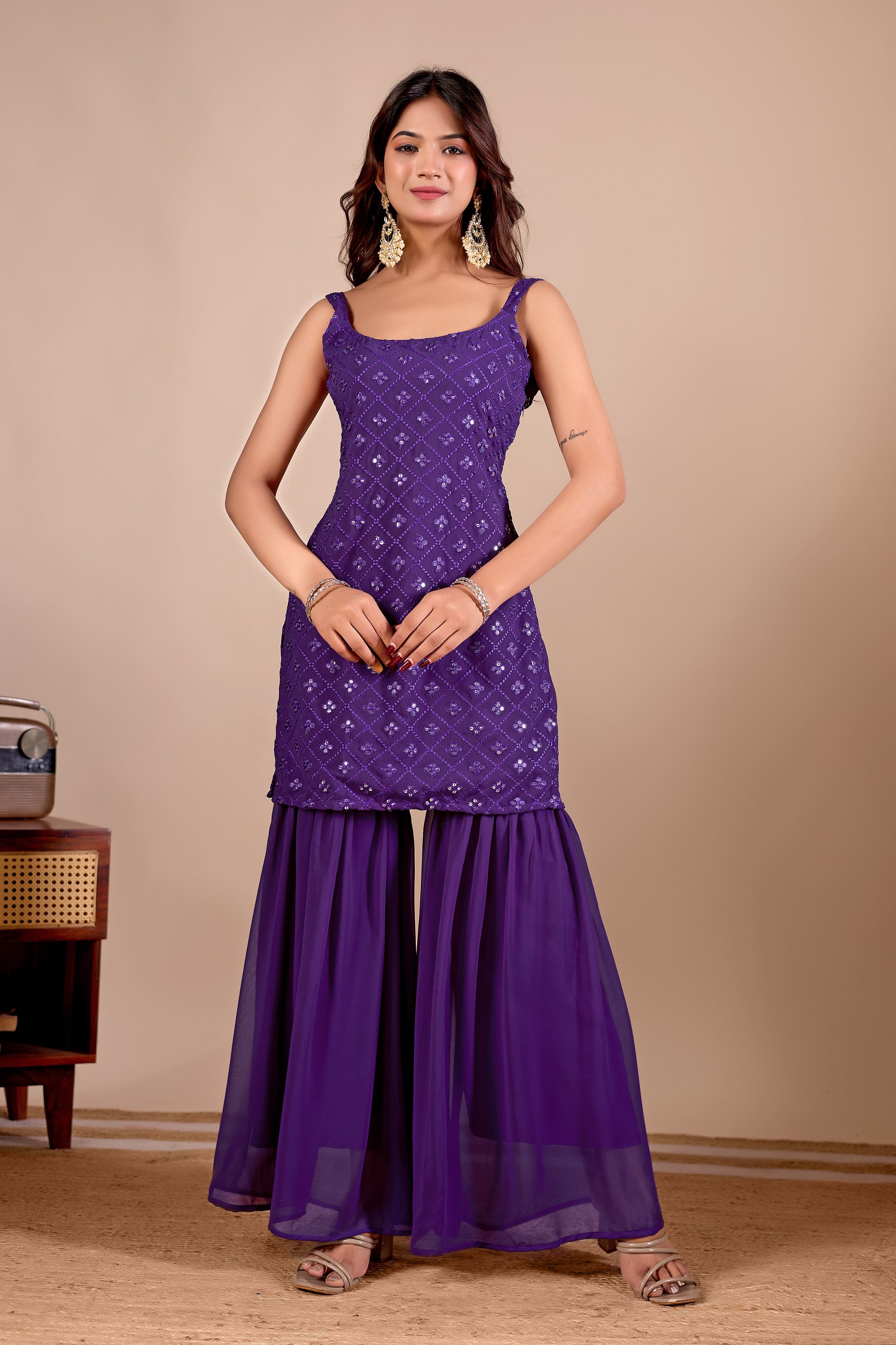 Traditional Wear Embroidered Purple Sharara suit Set with Kurta and Dupatta