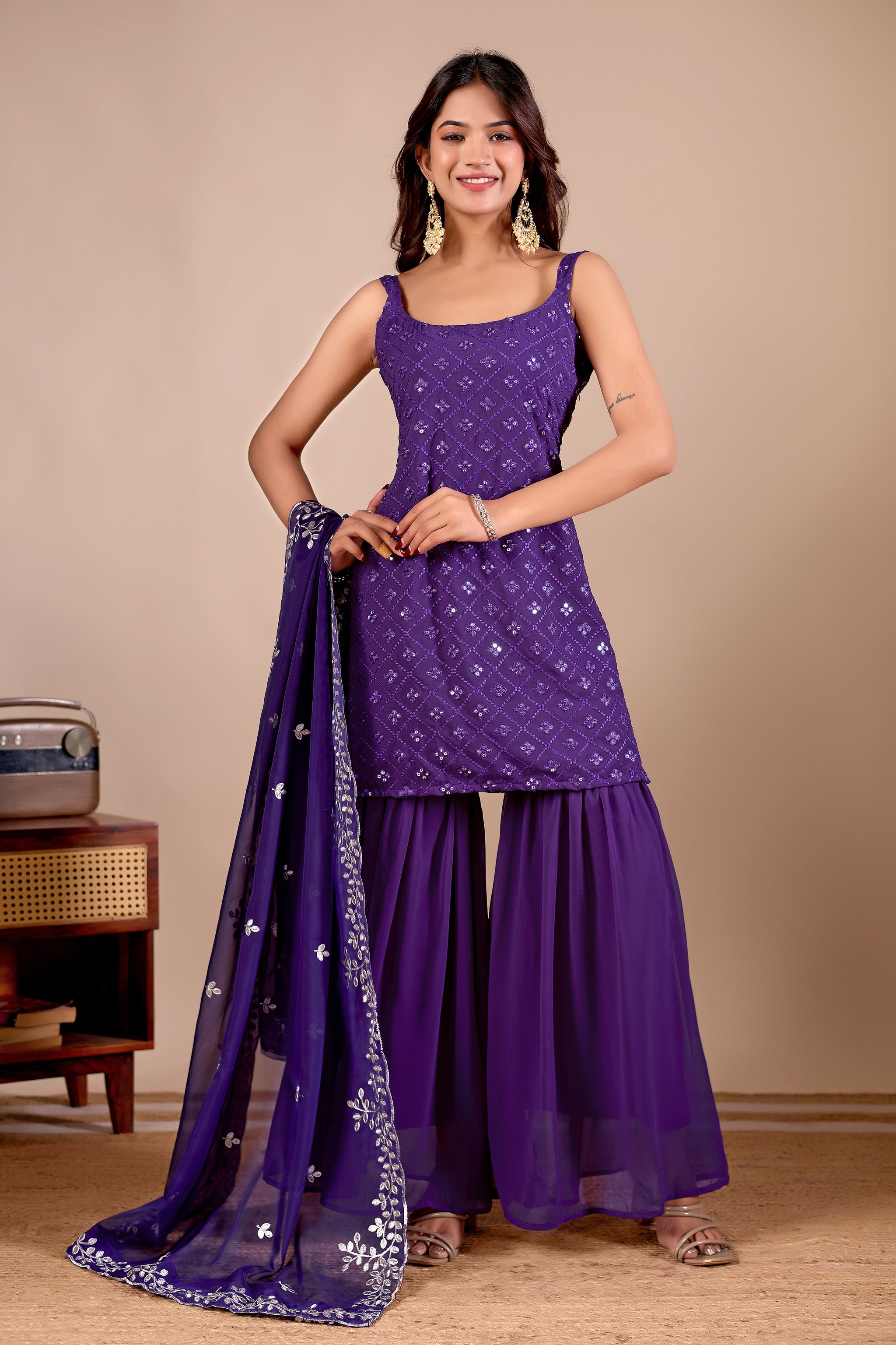Traditional Wear Embroidered Purple Sharara suit Set with Kurta and Dupatta
