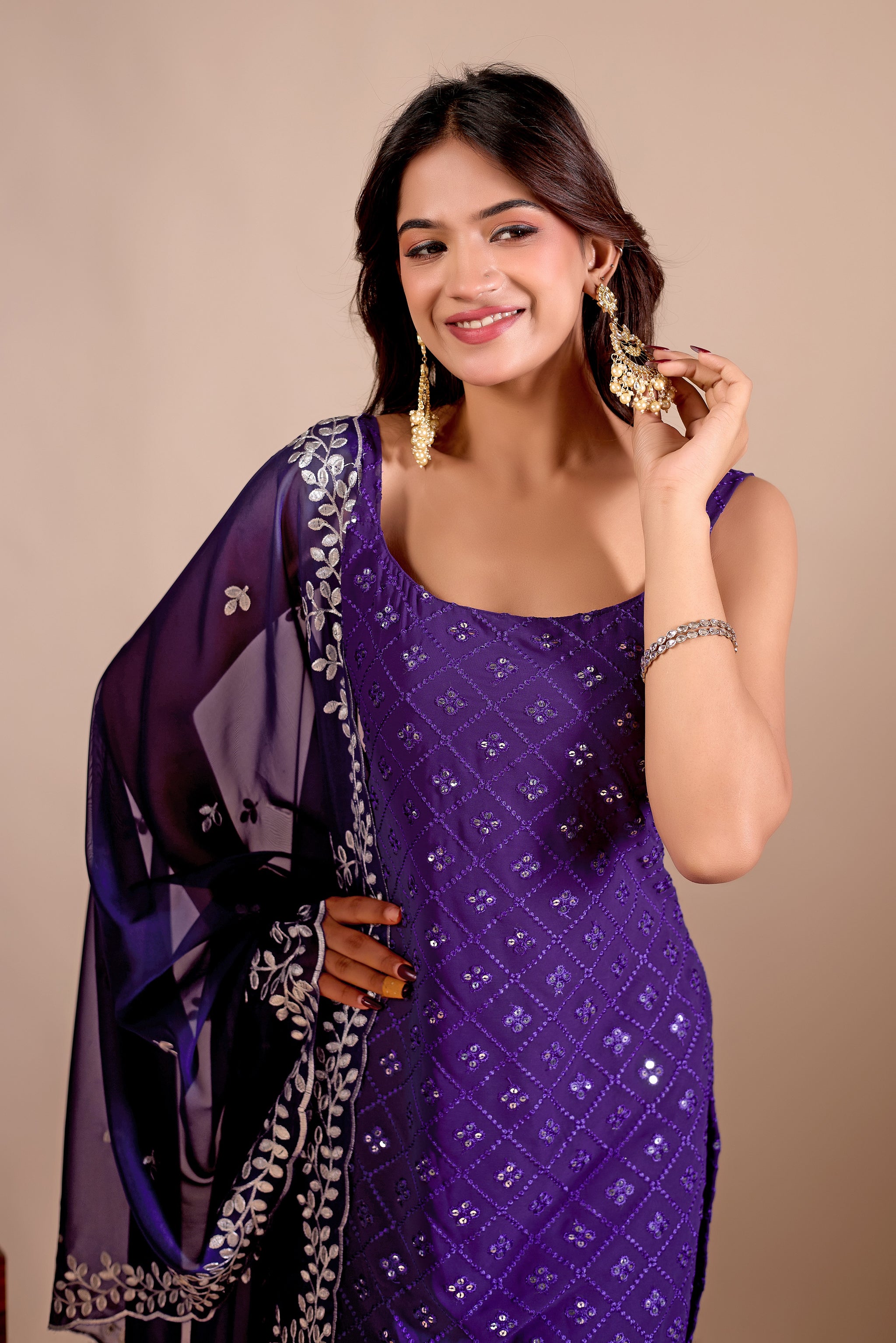 Traditional Wear Embroidered Purple Sharara suit Set with Kurta and Dupatta