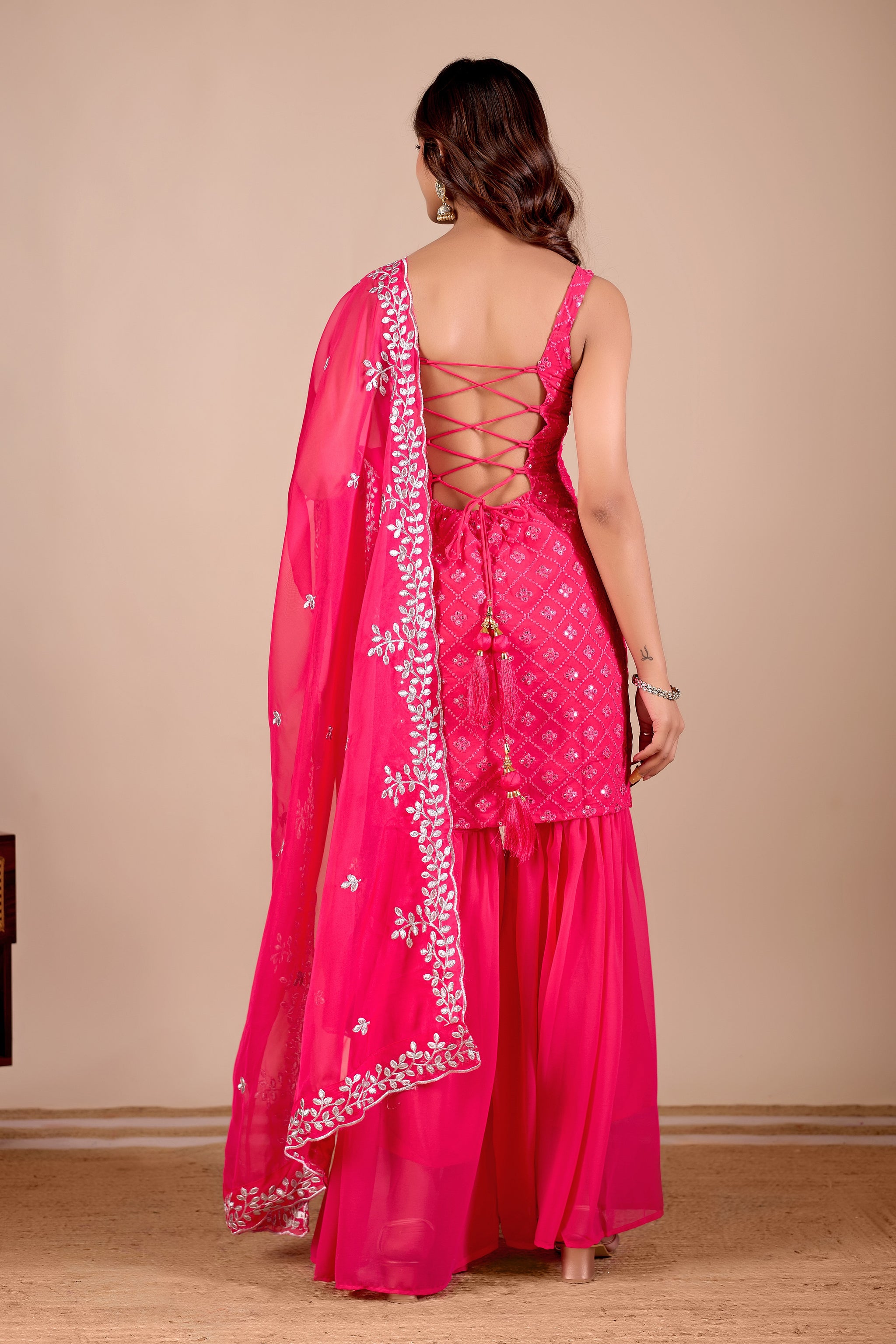 Women Rani Pink Embroidered Sharara Suit Set & Kurta Set