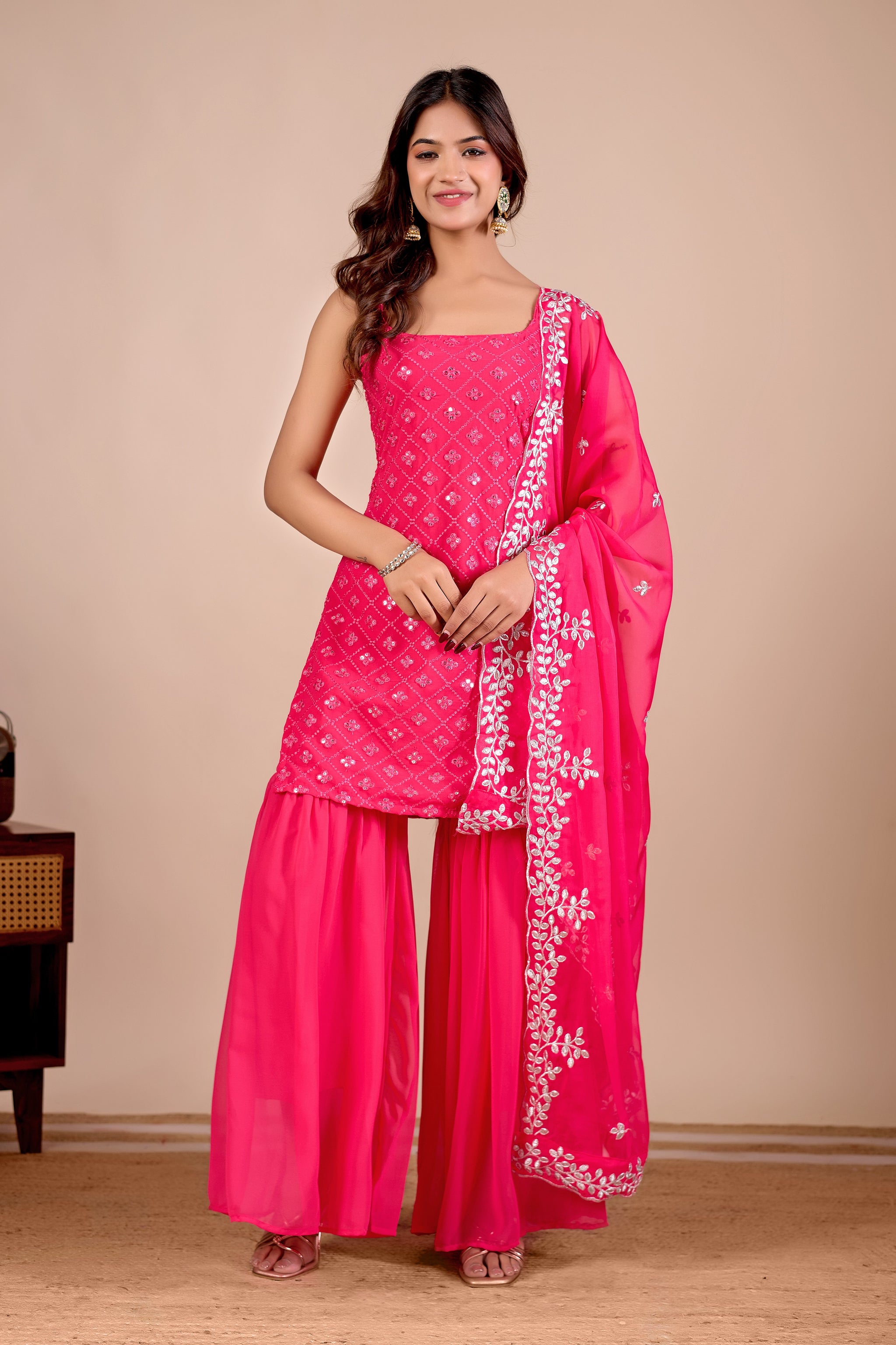Women Rani Pink Embroidered Sharara Suit Set & Kurta Set