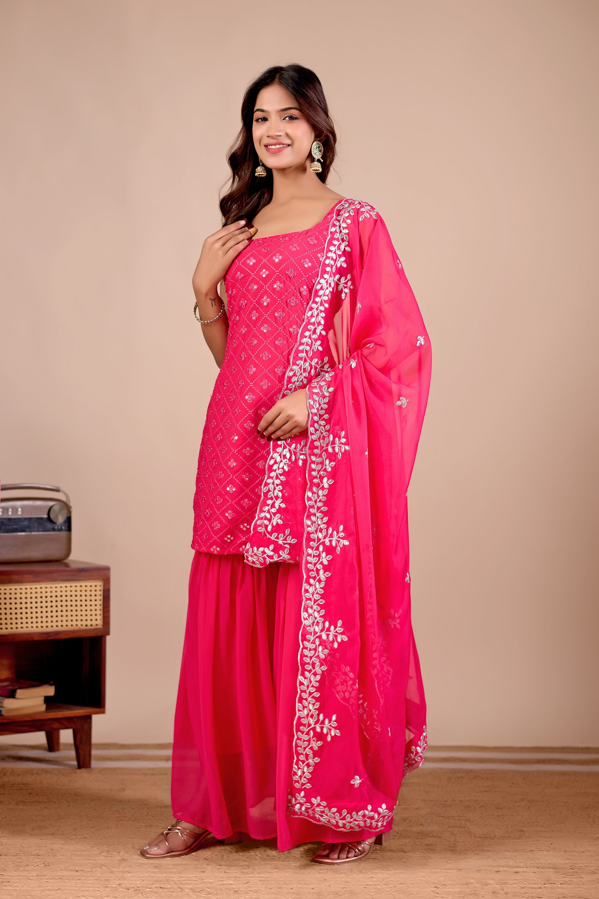 Women Rani Pink Embroidered Sharara Suit Set & Kurta Set