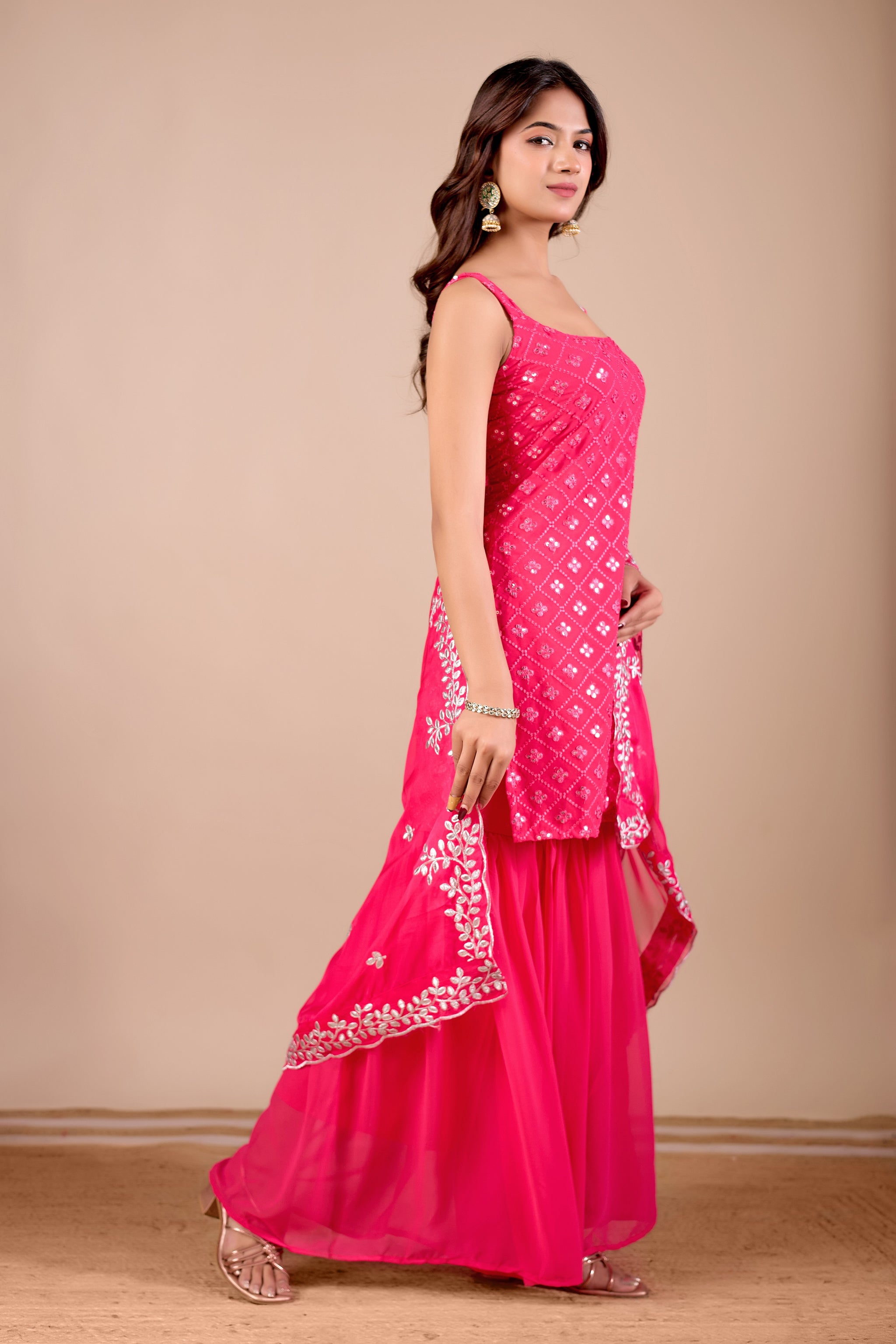 Women Rani Pink Embroidered Sharara Suit Set & Kurta Set