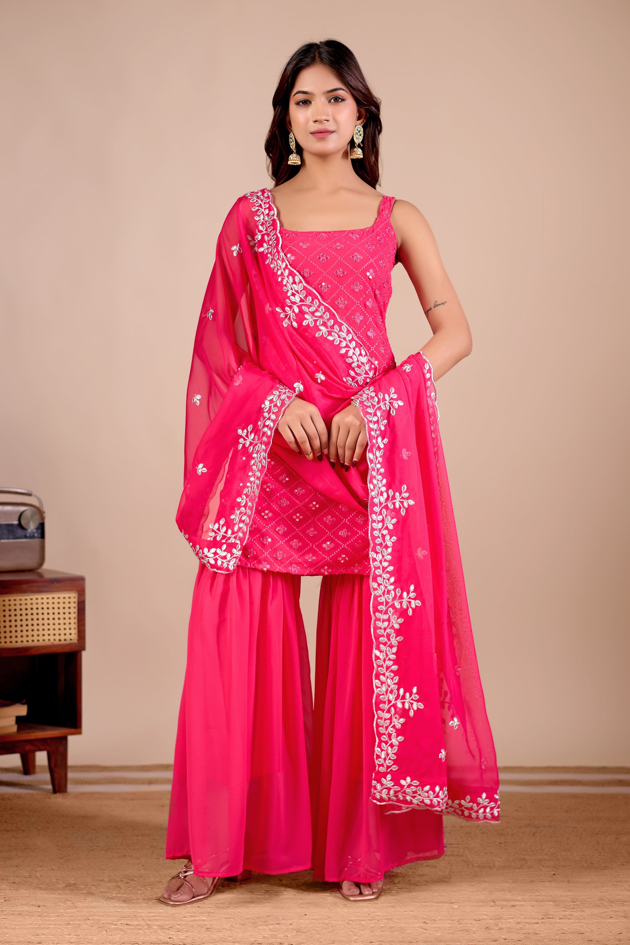 Women Rani Pink Embroidered Sharara Suit Set & Kurta Set