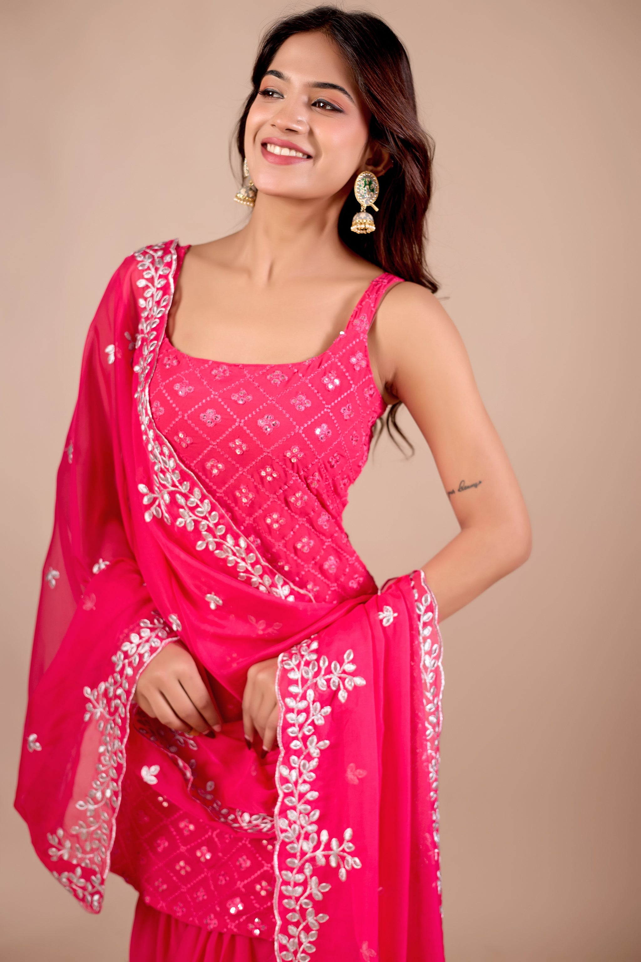 Women Rani Pink Embroidered Sharara Suit Set & Kurta Set