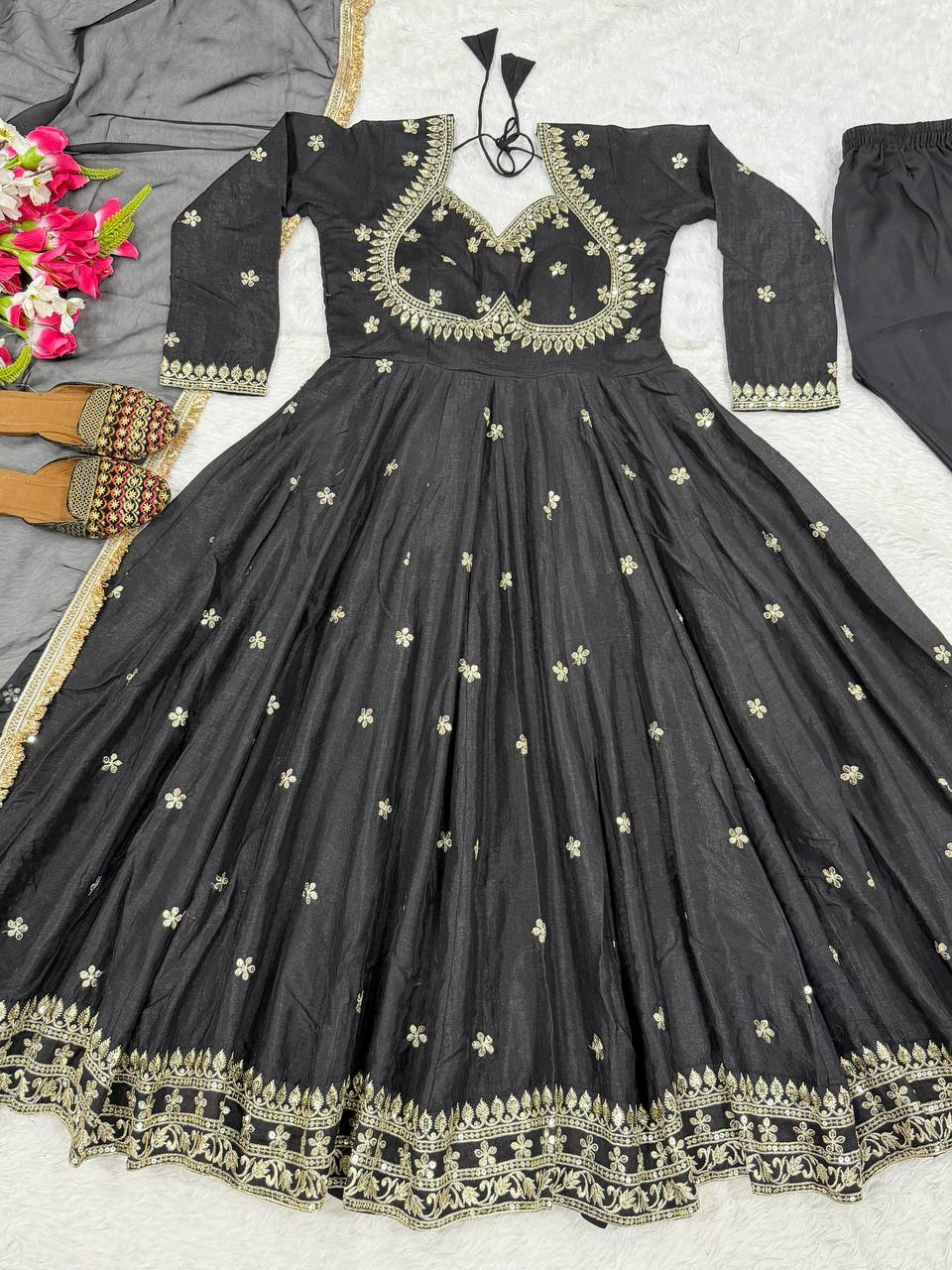 Black Floral Embroidered Anarkali Suit with Dupatta - Product Photo