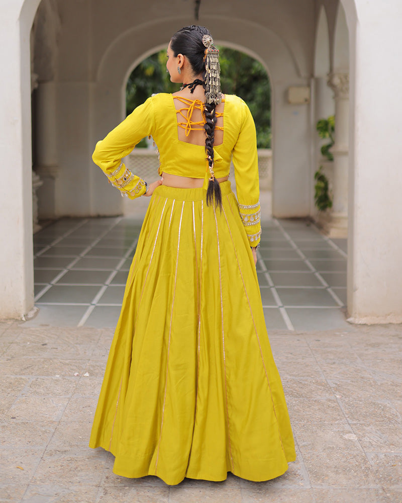 PARROT GREEN COLOR ROMAN SILK NAVRATRI LEHENGA CHOLI