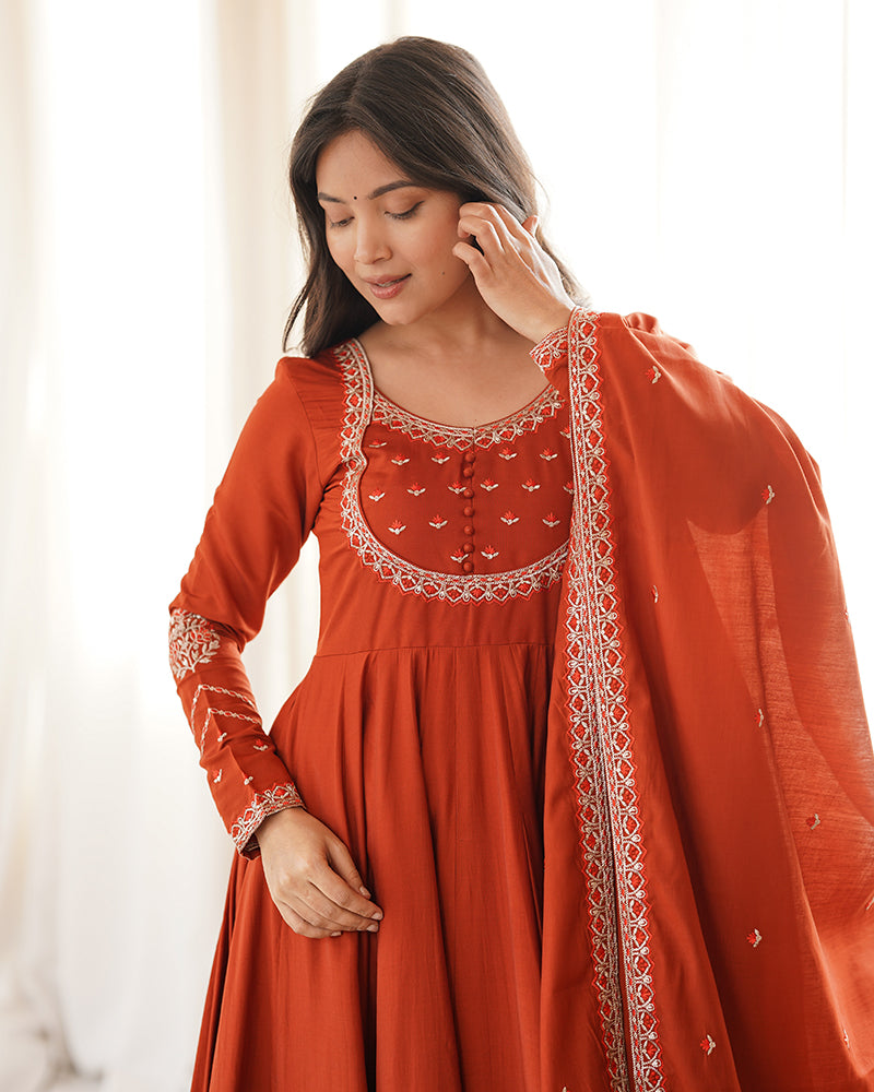 Rust Orange Color Roman Silk CHanderi Three Piece Anarkali Suit