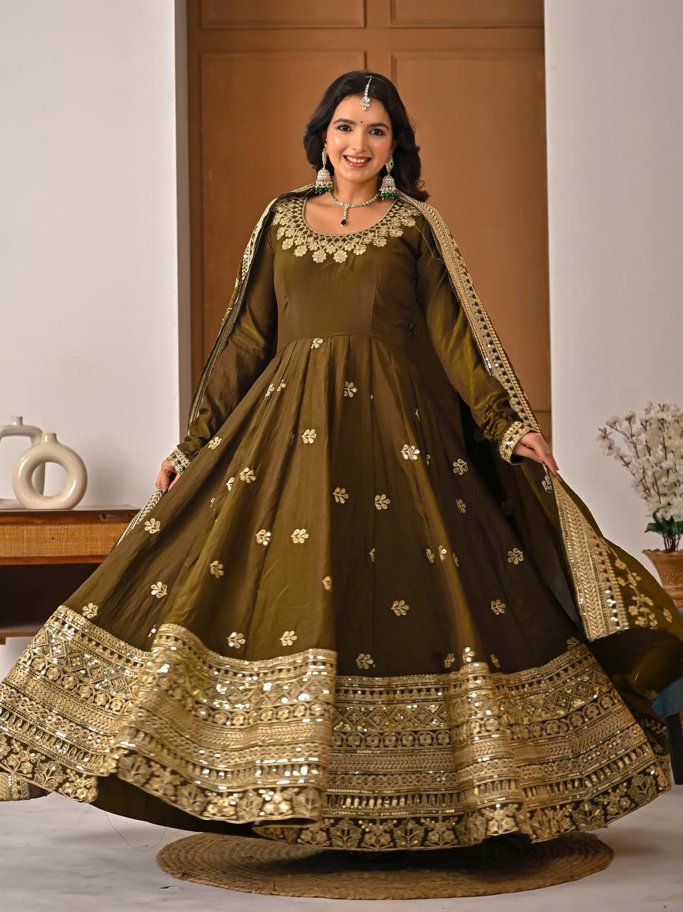 Olive Bronze Heavy Sequin Embroidered Anarkali Suit with Dupatta - Product Photo