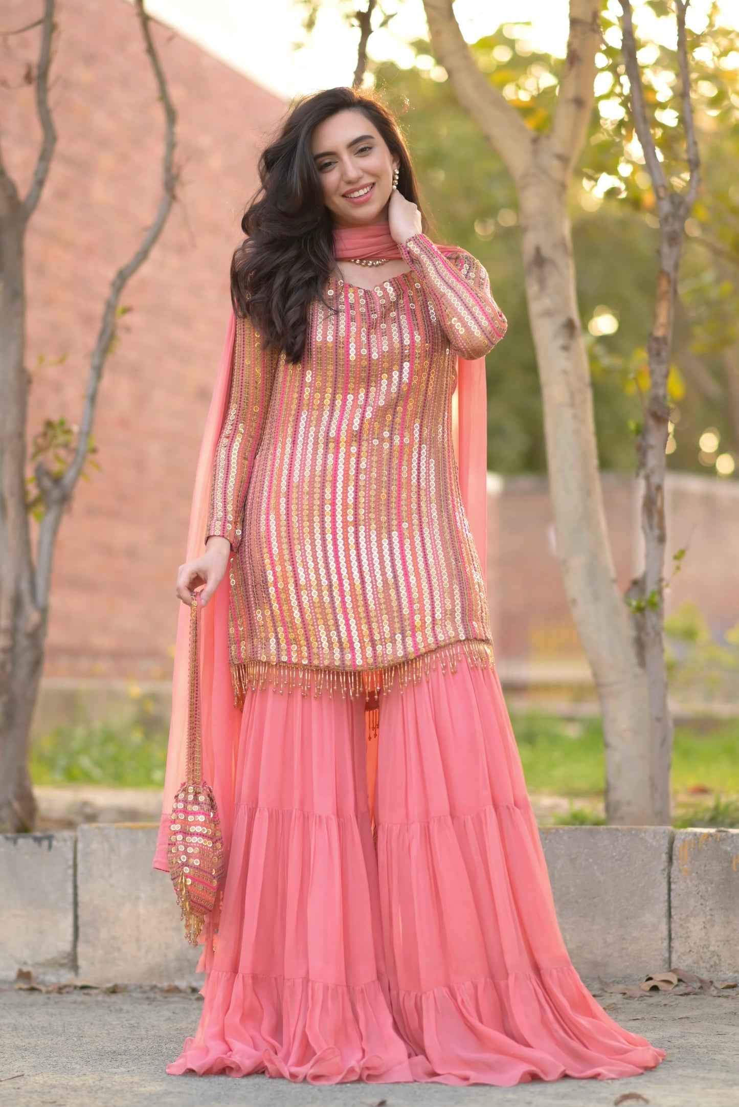 Peach Festive Embroidered Sequin Sharara Suit Set & Gharara Suit Set