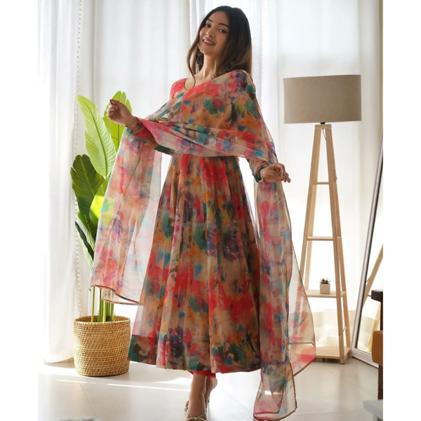 Multi Color Floral Printed Pleated Kurti With Dupatta