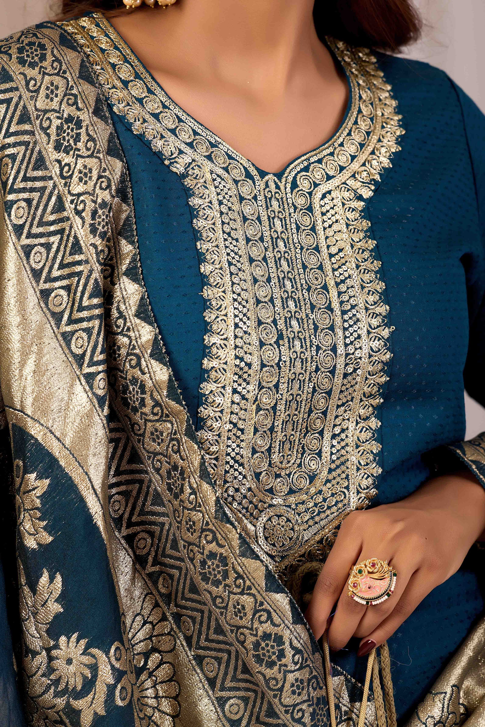 Teal Ethnic Embroidered Stylish Kurta Set with Jacquard Dupatta