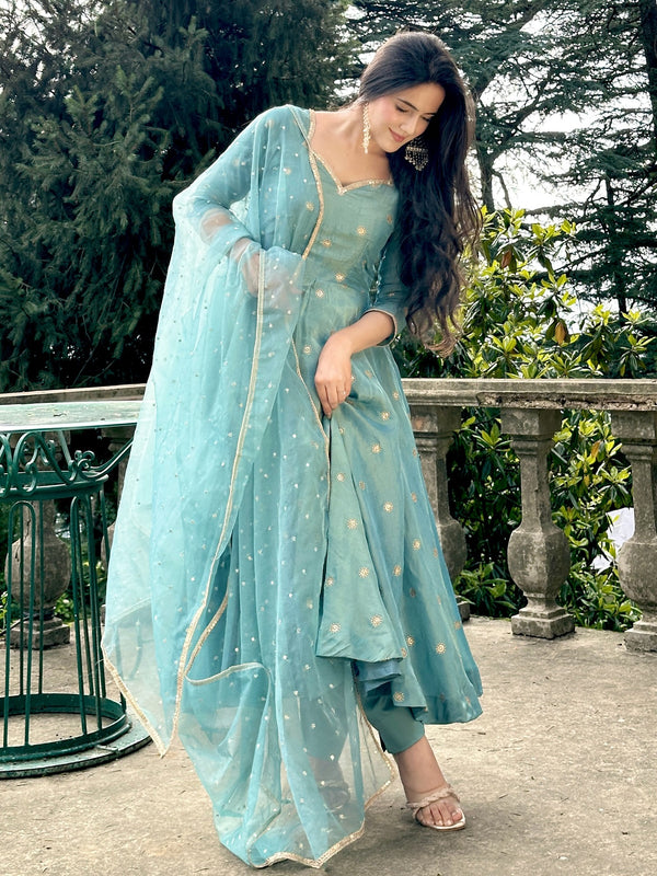 Festive Wear Sky Blue Embroidered Anarkali Suit with Dupatta
