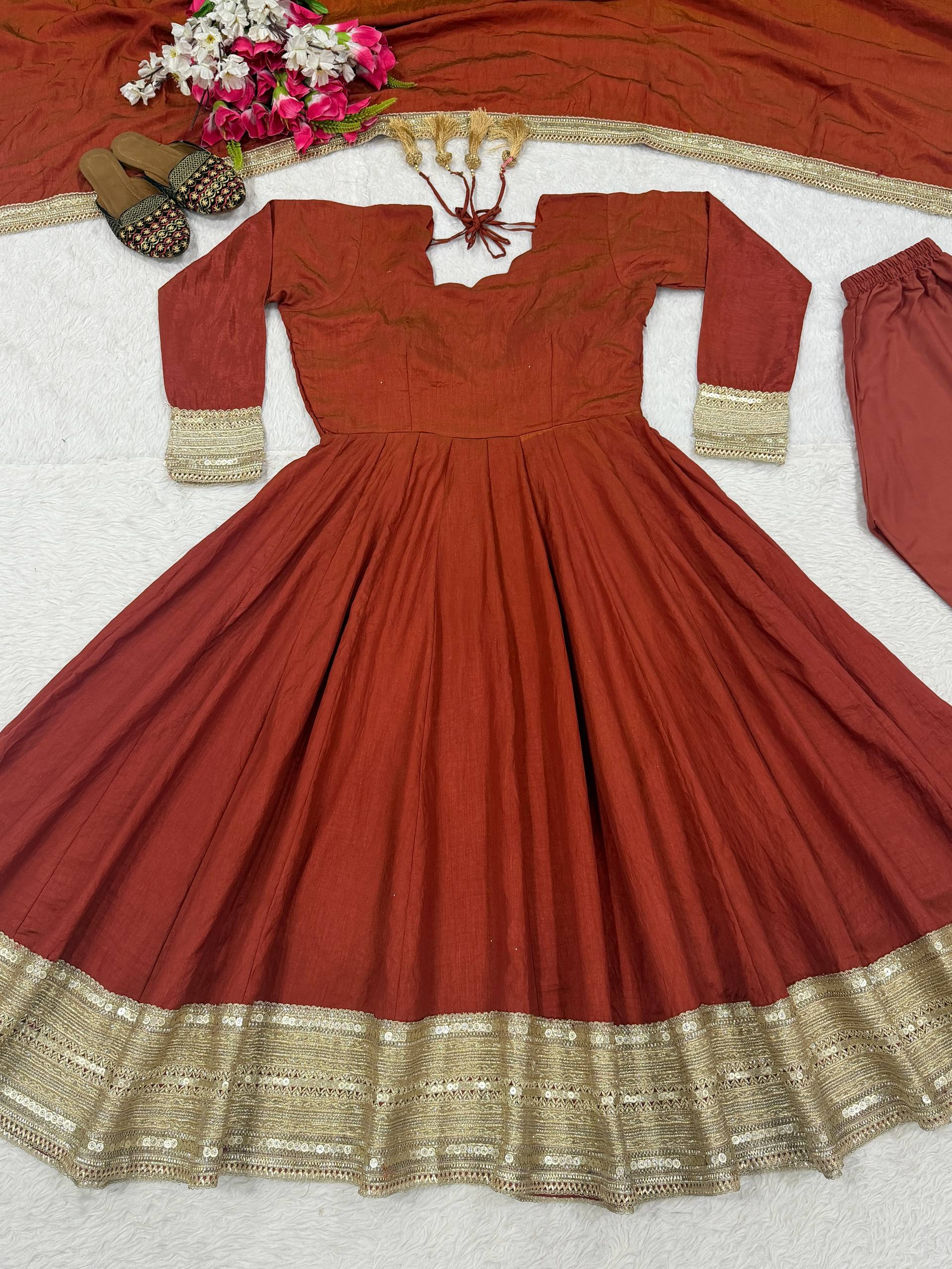 Rust Sequin Embroidered Anarkali Suit with Dupatta - Product Photo