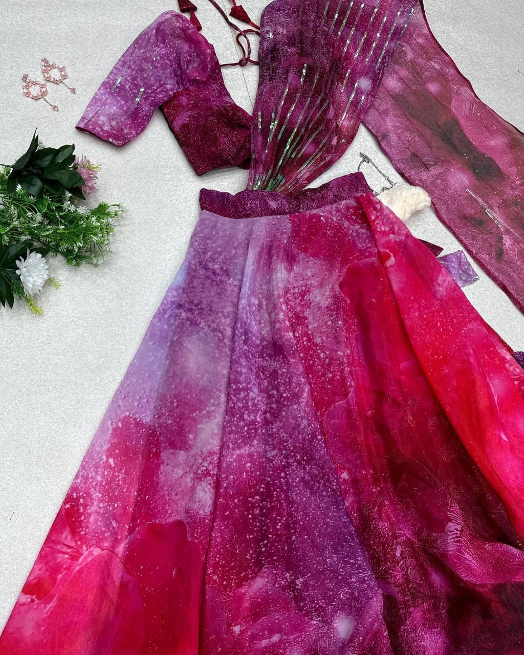 Printed Wine Color Lehenga With Fancy Blouse Attached Dupatta