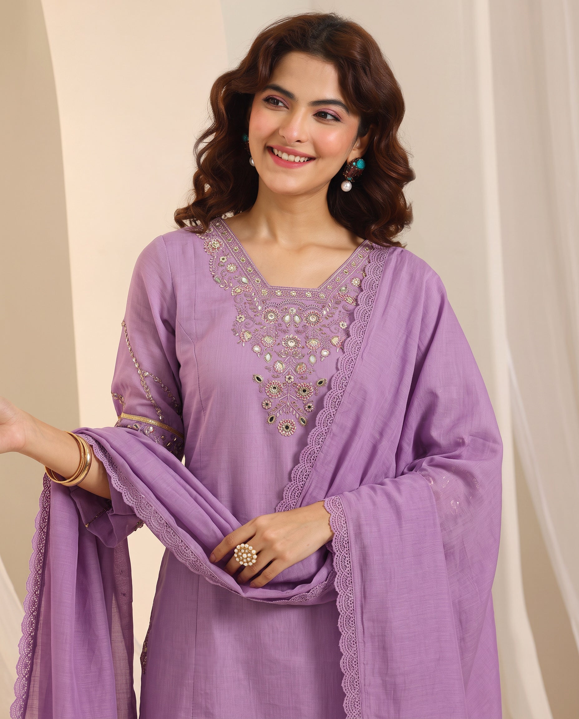 Purple Embroidered Cotton A-Line Kurta Set for Women with Dupatta