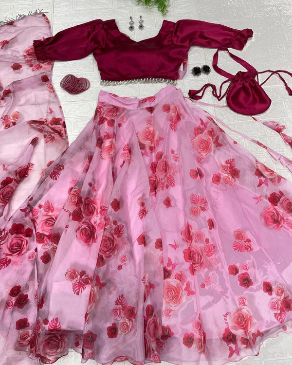 Light Pink Flower Print Lehenga With Fancy Choli With Potli Bag