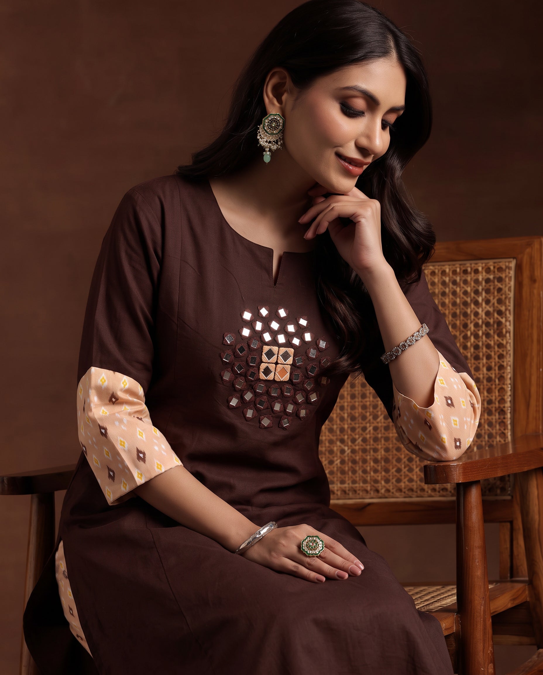 Coffee Brown Mirror Work Kurta with Ikat Print Sleeves & Pant