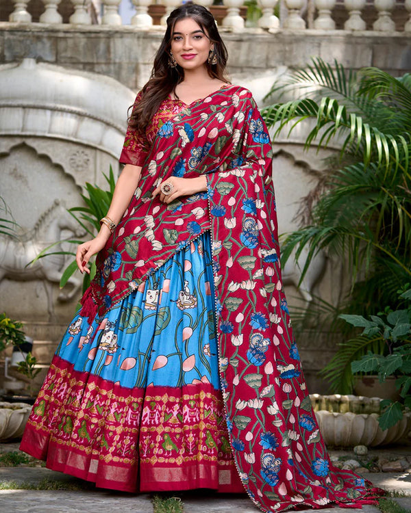 Firozi Color Tussar Silk Patola Printed Lehenga Choli