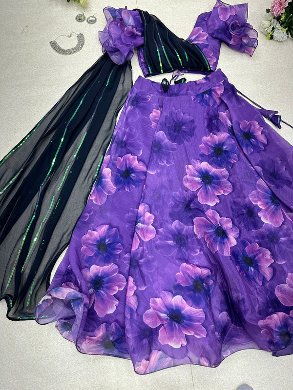 Designer Purple Color Lehenga With Blouse Attached Metallic Thread Dupatta