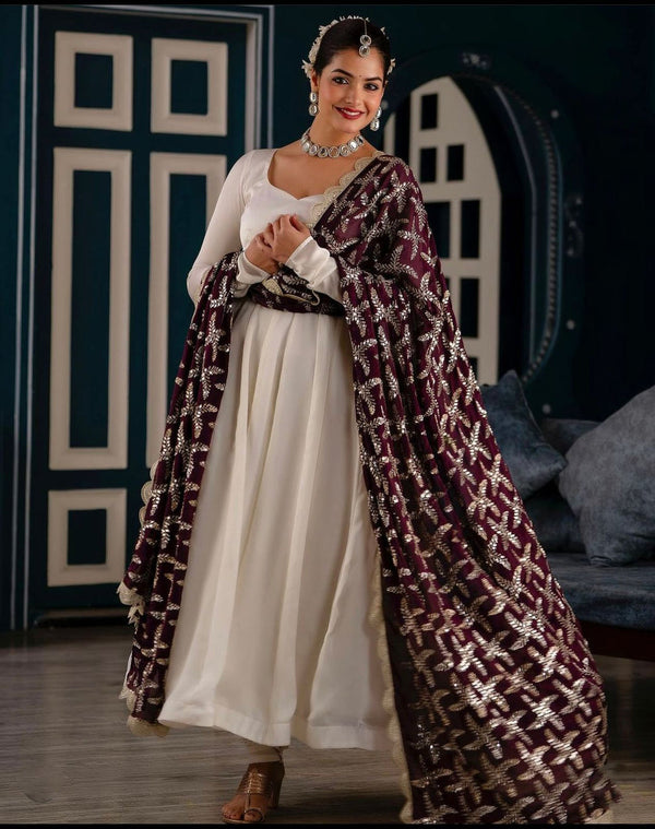 Beautiful White Plain Gown With Heavy Work Dupatta