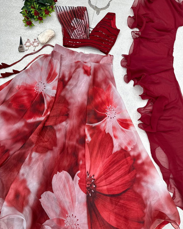 Party Wear Maroon Color Lehenga With Metallic Strip Stich Blouse