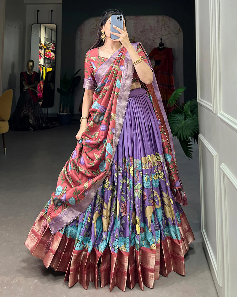 LAVENDER COLOR DOLA SILK DESIGNER KALAMKARI PRINT LEHENGA CHOLI