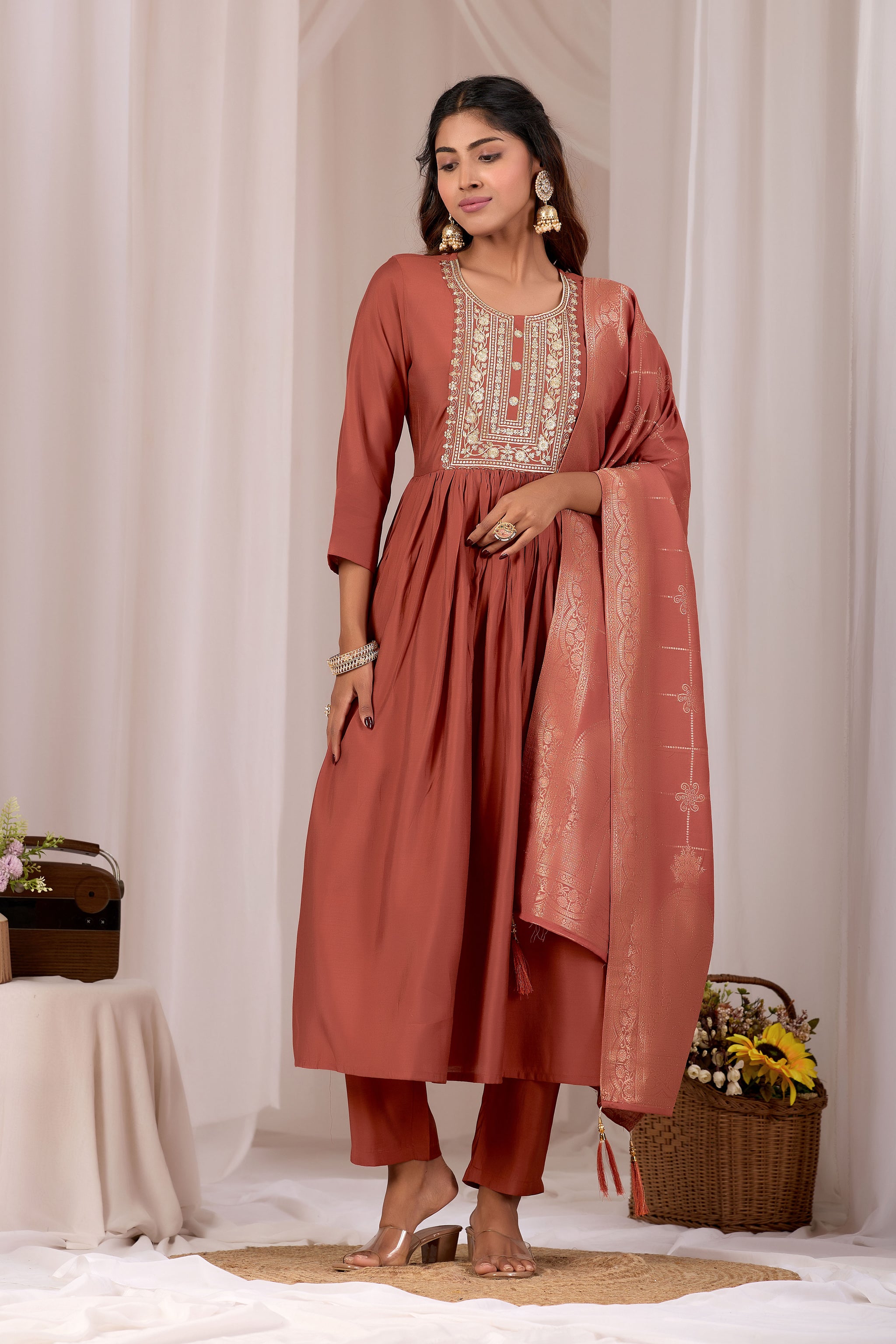 Women Rust Embroidered Stylish Straight Kurta Set with Jacquard Dupatta