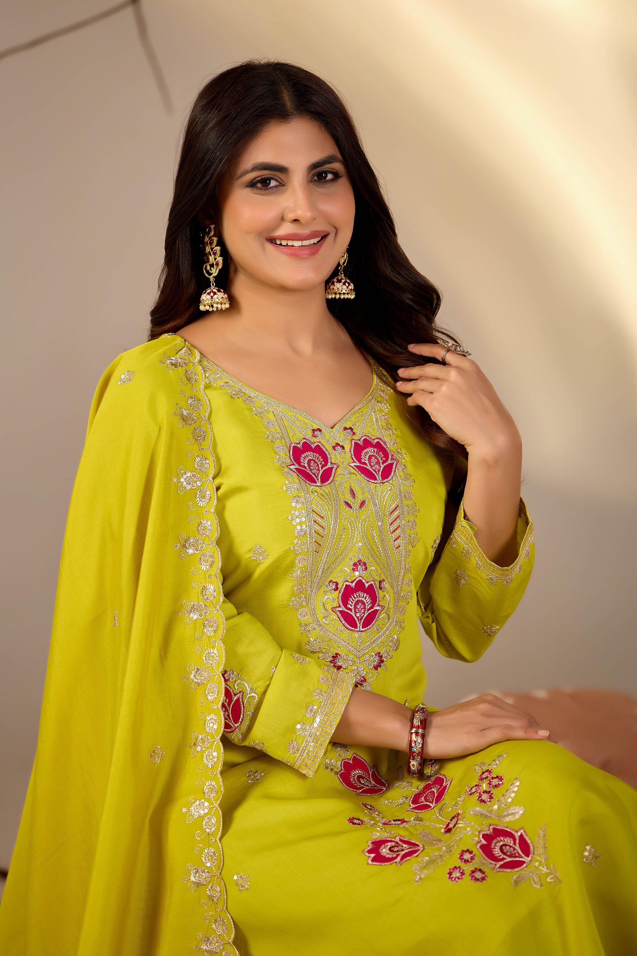 Lime Green Embroidered Straight Kurta Set with Scalloped Dupatta
