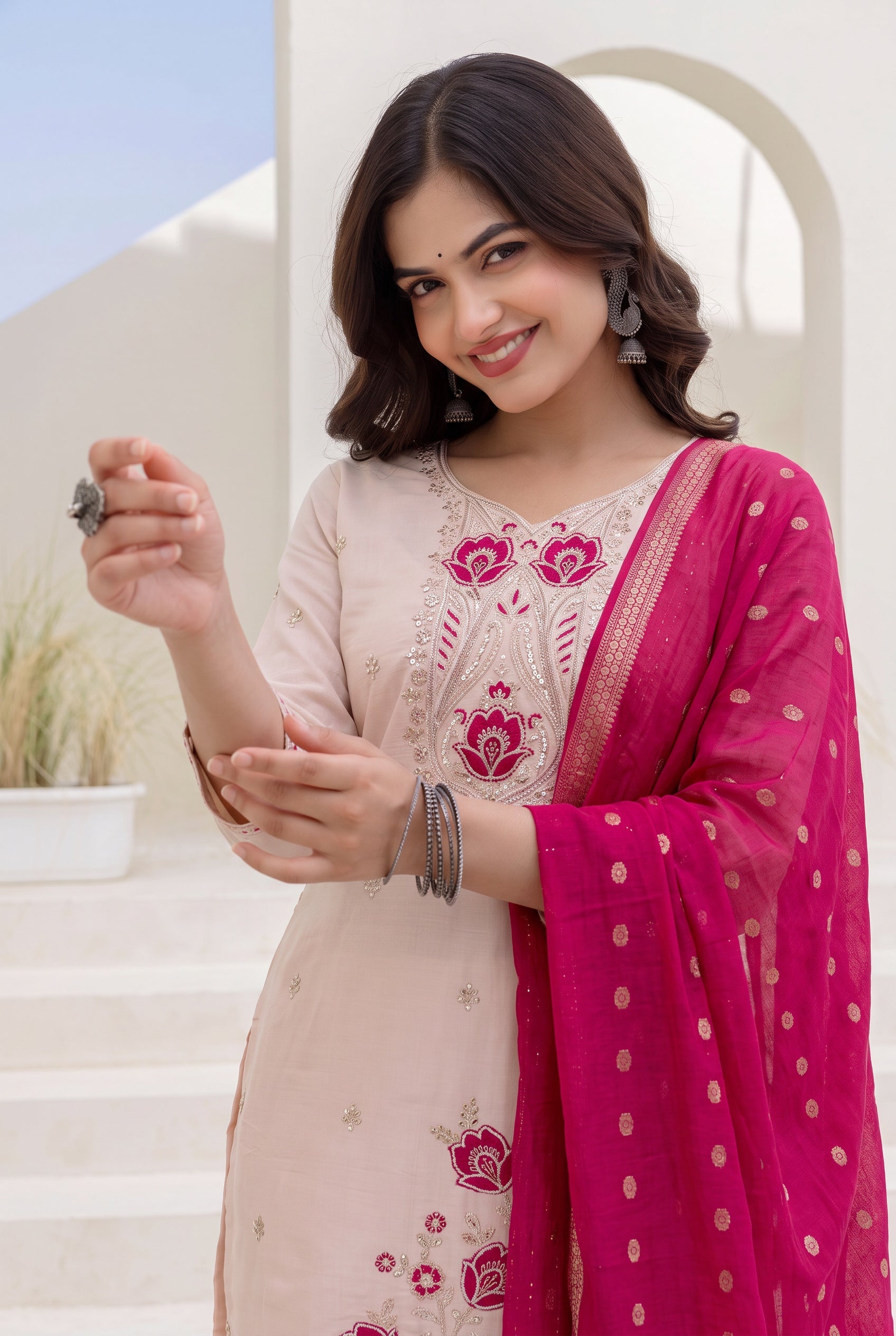 Blush Peach Embroidered Kurta Set with Rani Pink Banarasi Dupatta