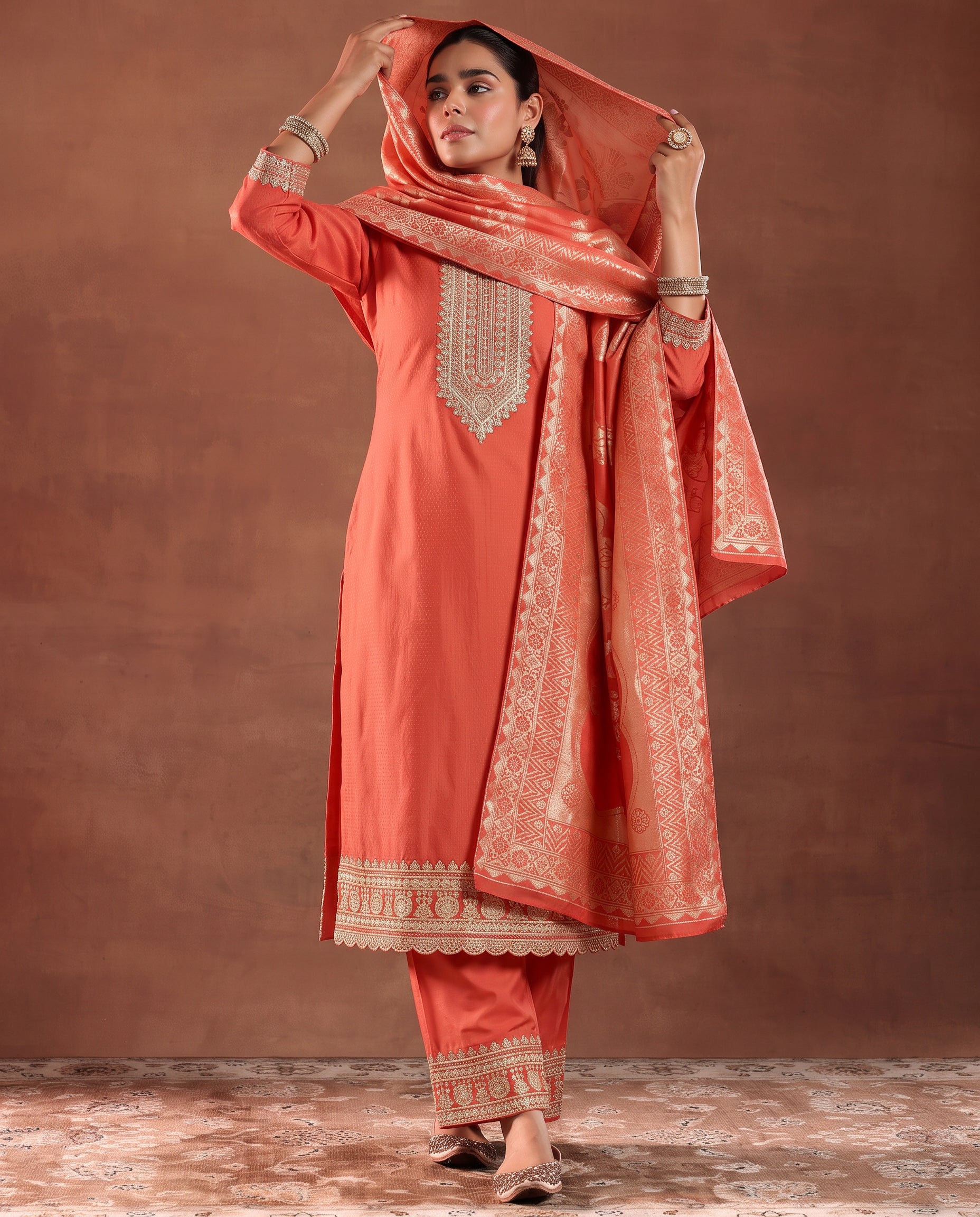 Women Rust Embroidered Kurta Set With Jacquard Dupatta