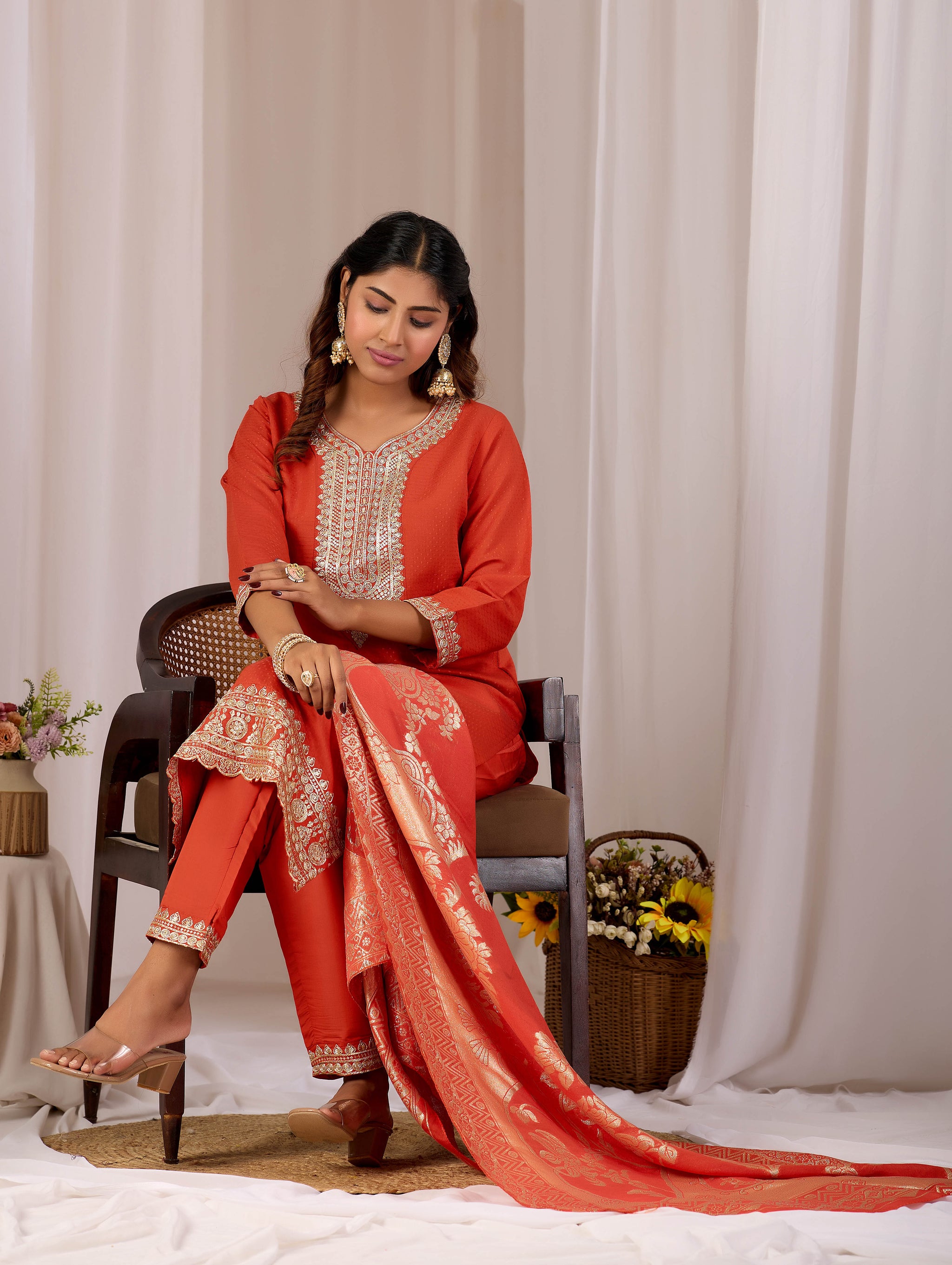 Women Rust Embroidered Silk Blend Straight Kurta Set With Jacquard Dupatta