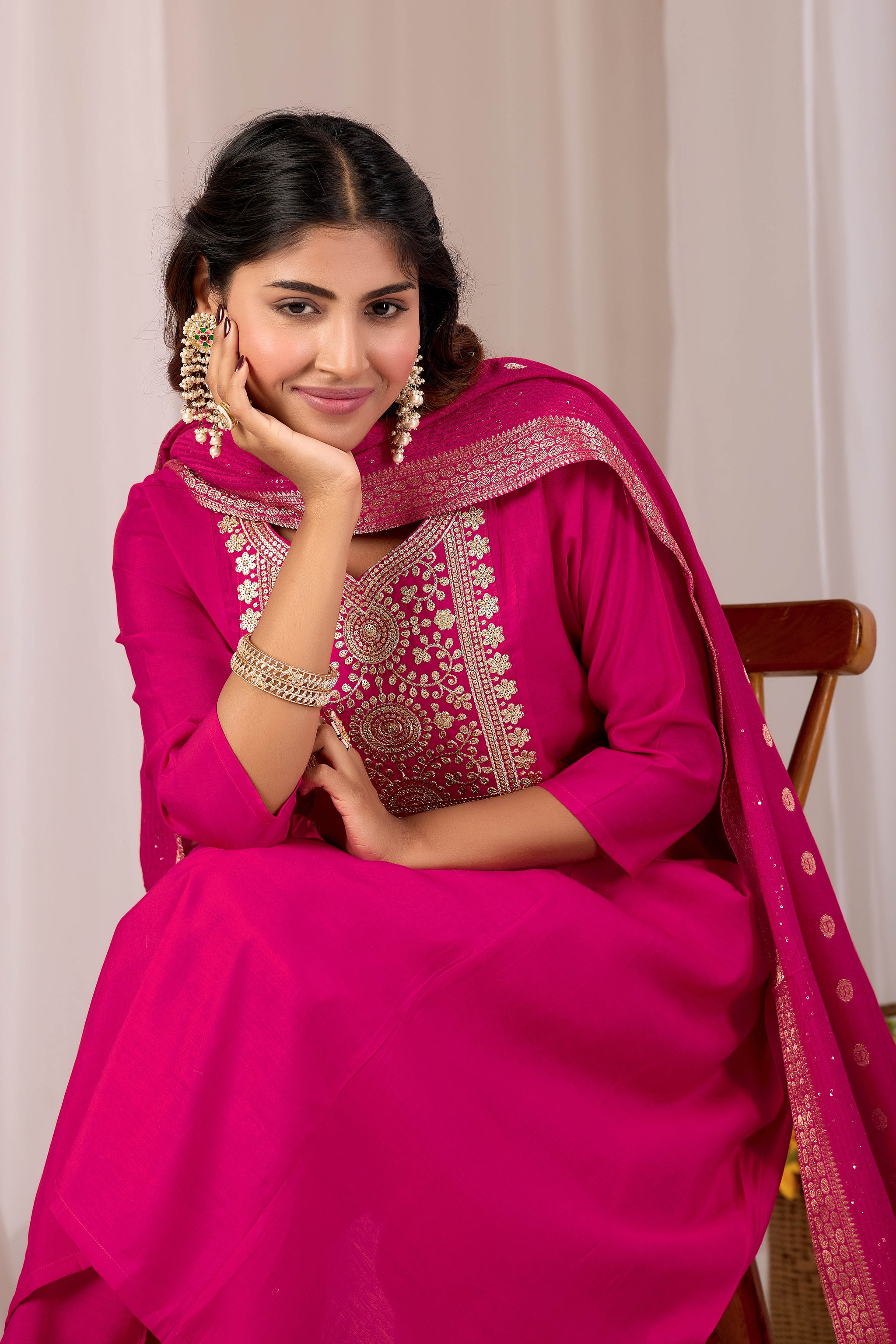 Traditional Rani Pink Embroidery Kurta Set with Dupatta