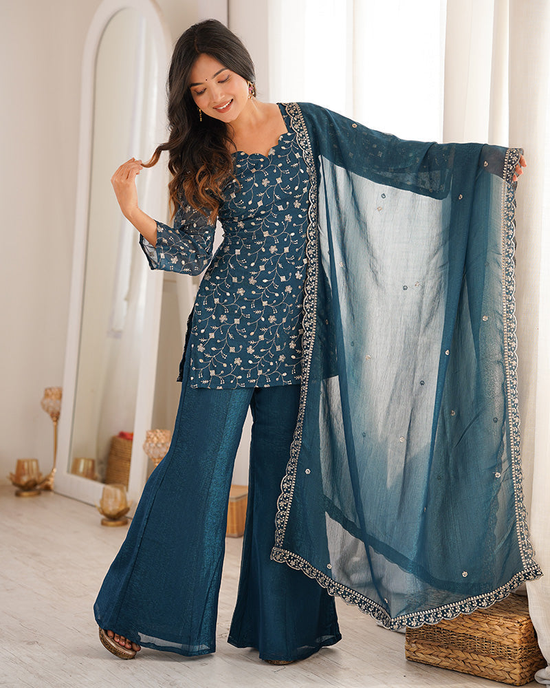 Teal Blue Color Crunchy Silk Embroidered Plazzo Suit