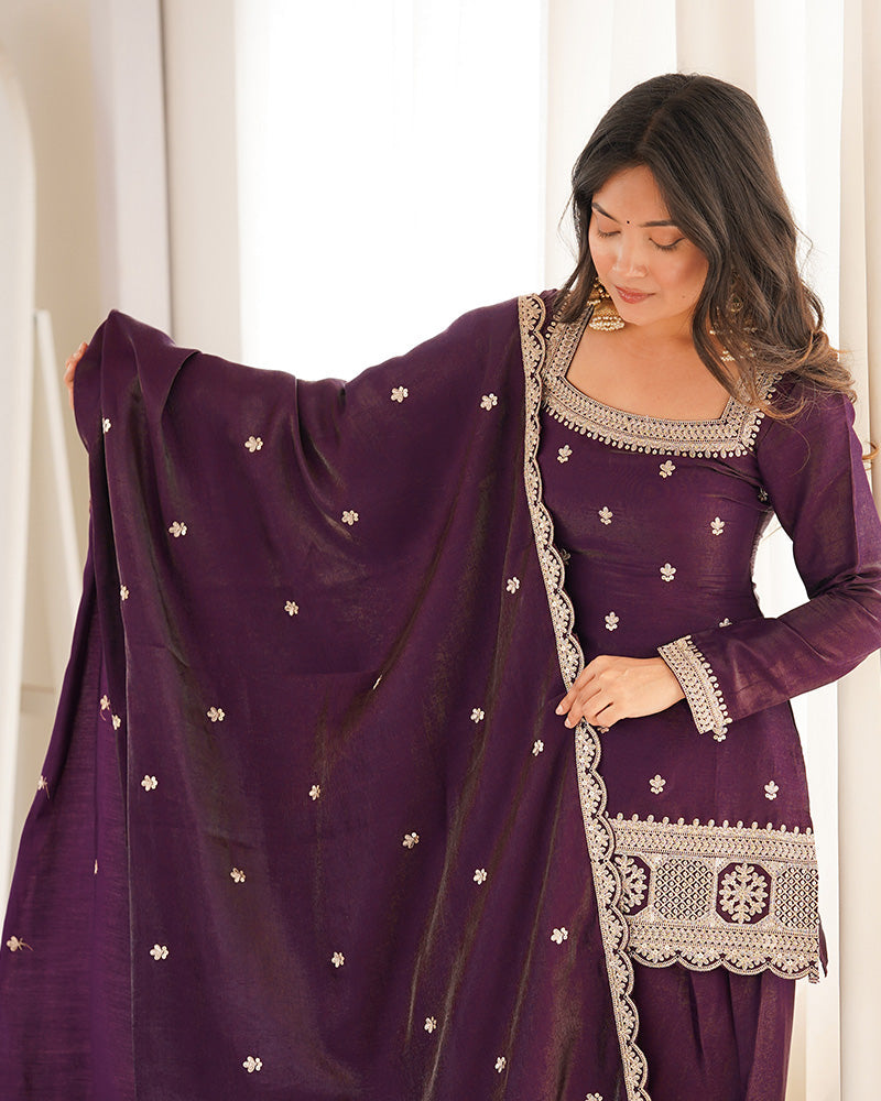 WINE COLOR ROMAN SILK EMBROIDERED FARSHI SALWAR SUIT