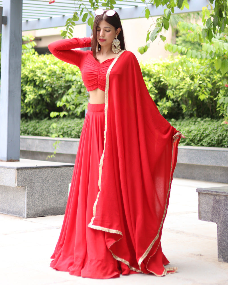 Elegant Red Pure Soft Georgette Full Stitched Lehenga Choli