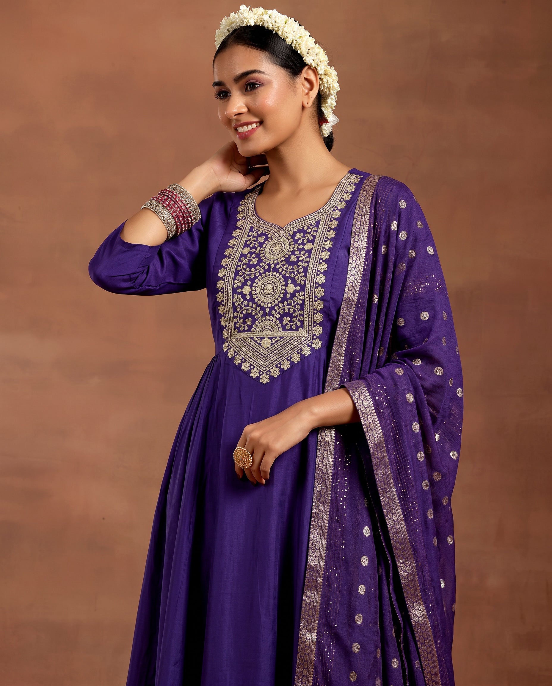 Purple Embroidered Kurta Set with Dupatta