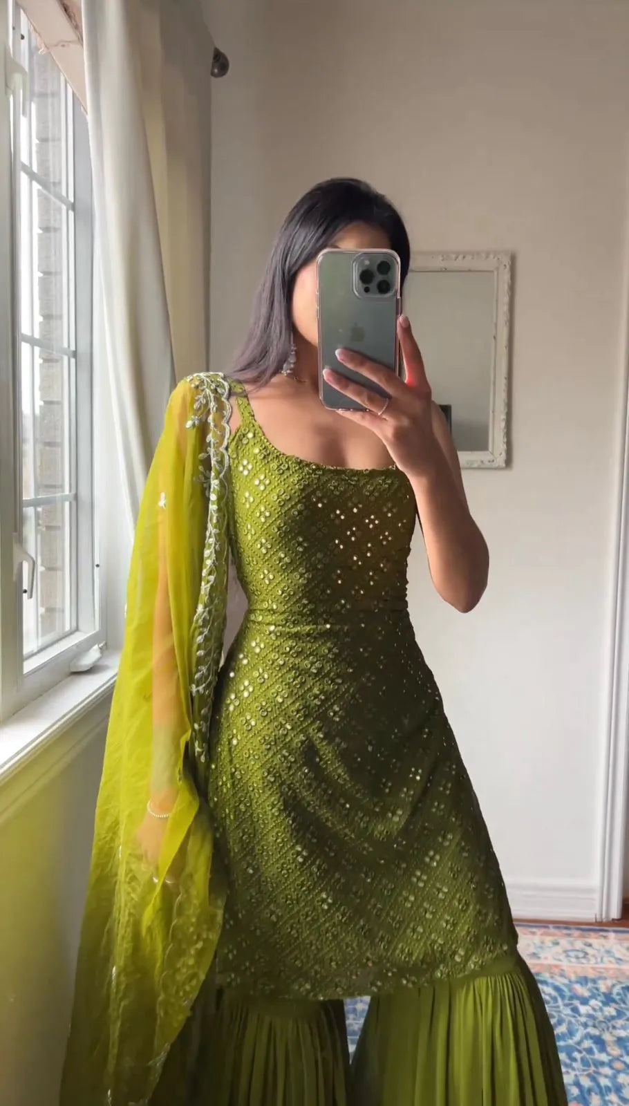 Green Embroidered Kurta And Sharara Suit Set with Dupatta
