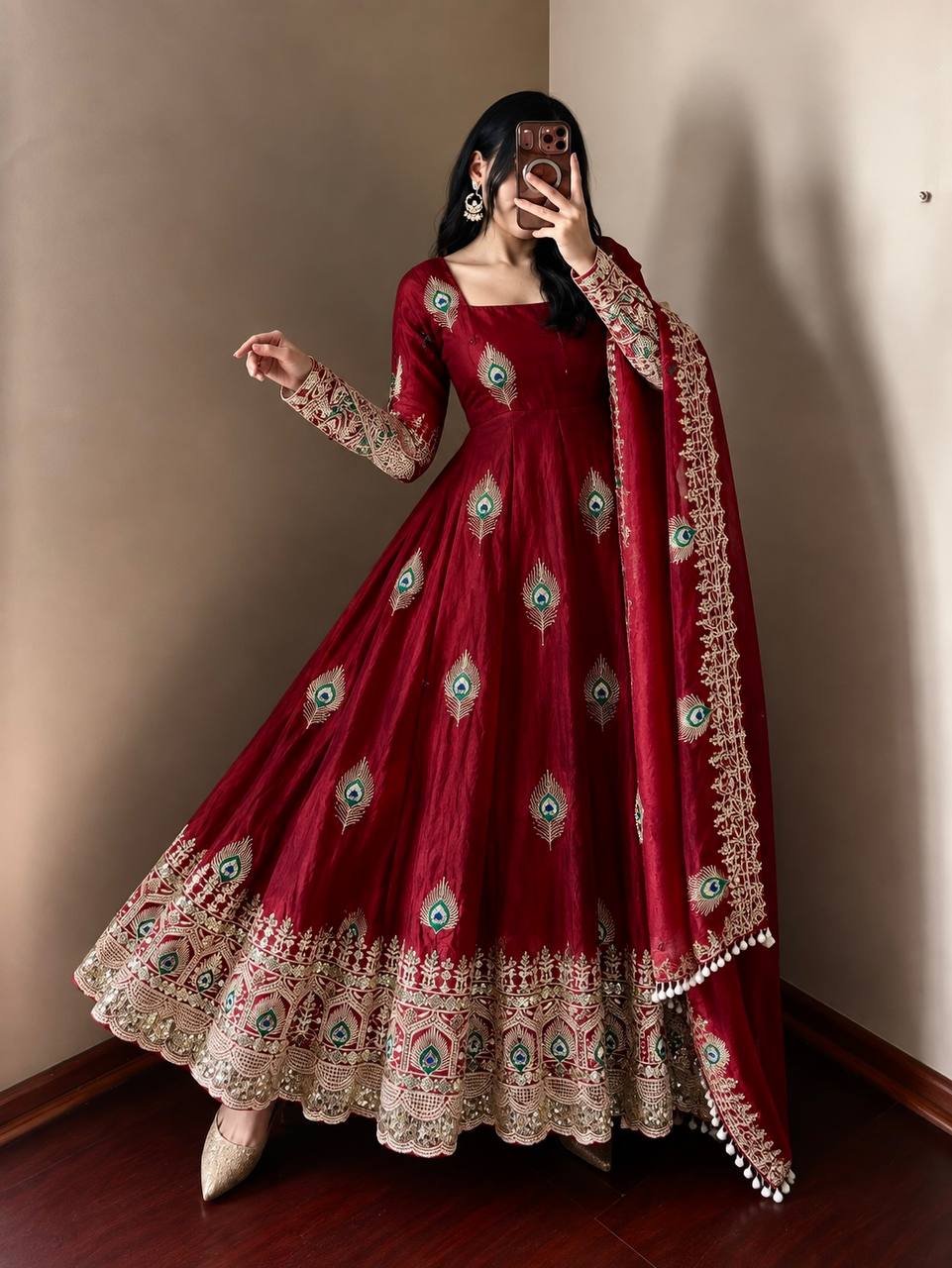 Designer Maroon Fendy Silk Peacock Motif Embroidered Anarkali Gown With Embellished Dupatta